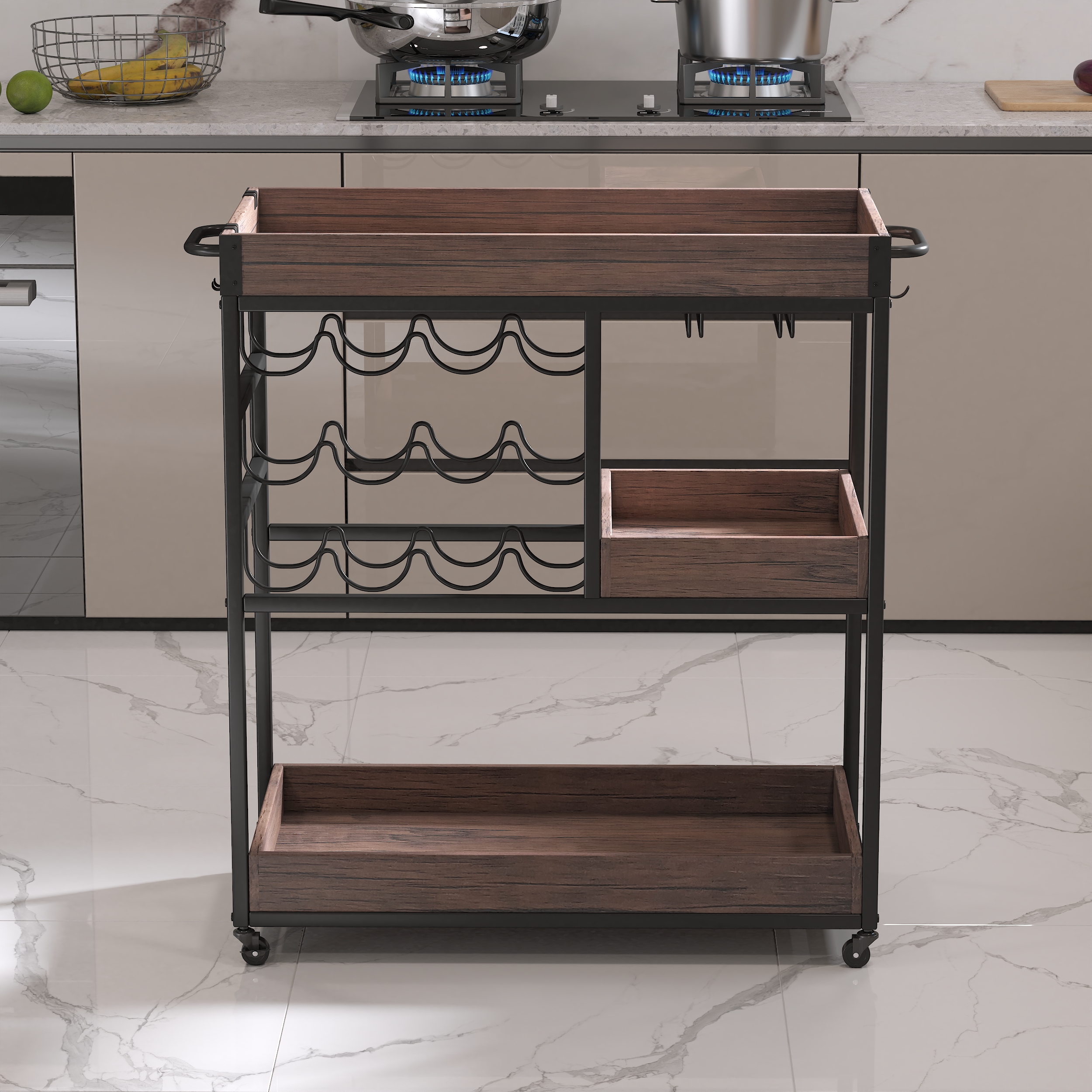 3 Tier Industrial Rolling Serving Cart with Lockable Wheels, Wine Rack Cart with Glass Holder for Indoor and Outdoor, Beverage Trolley cart with 2 Removable Tray, 