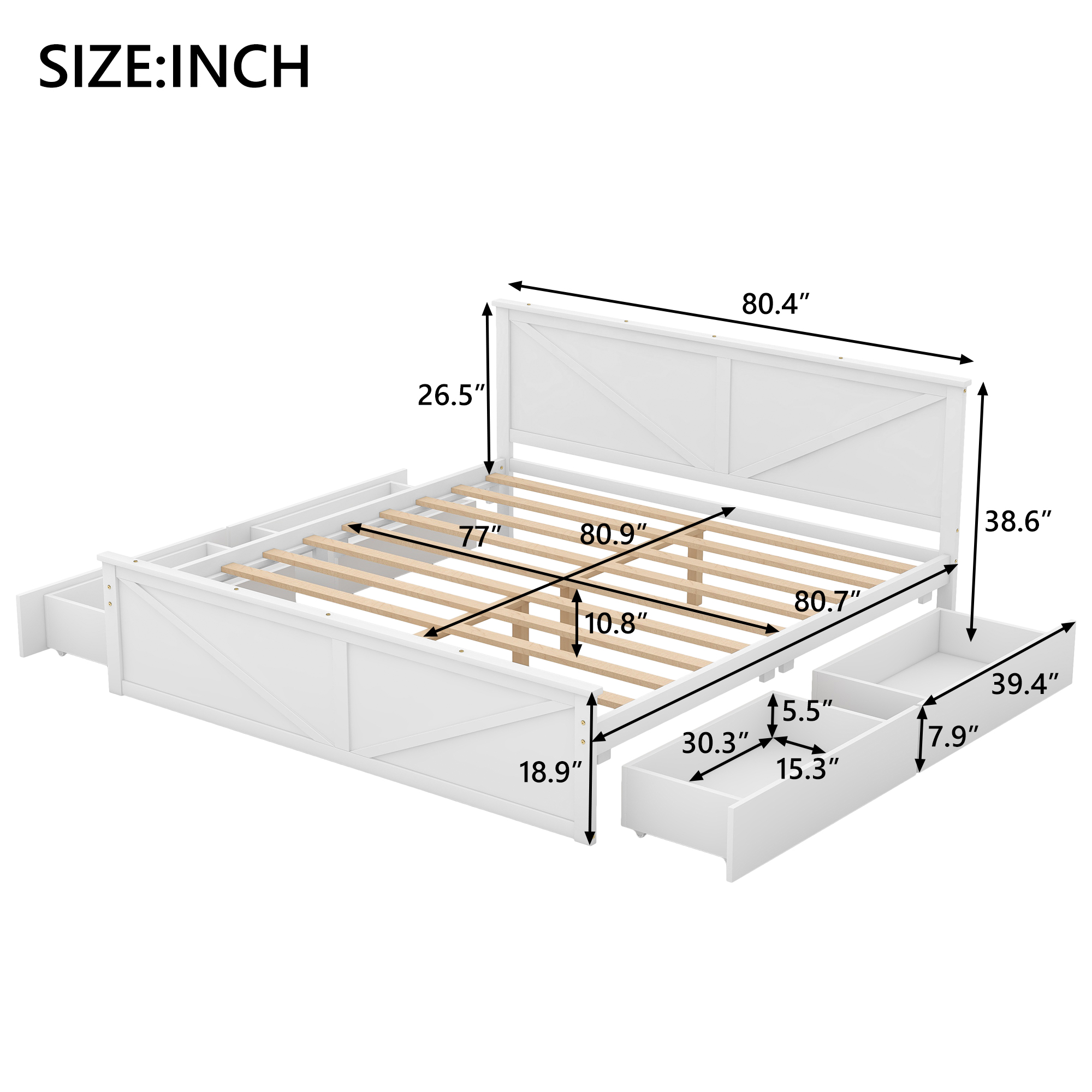 King/Queen Size Wooden Platform Bed with Four Storage Drawers and Support Legs, White/Gray