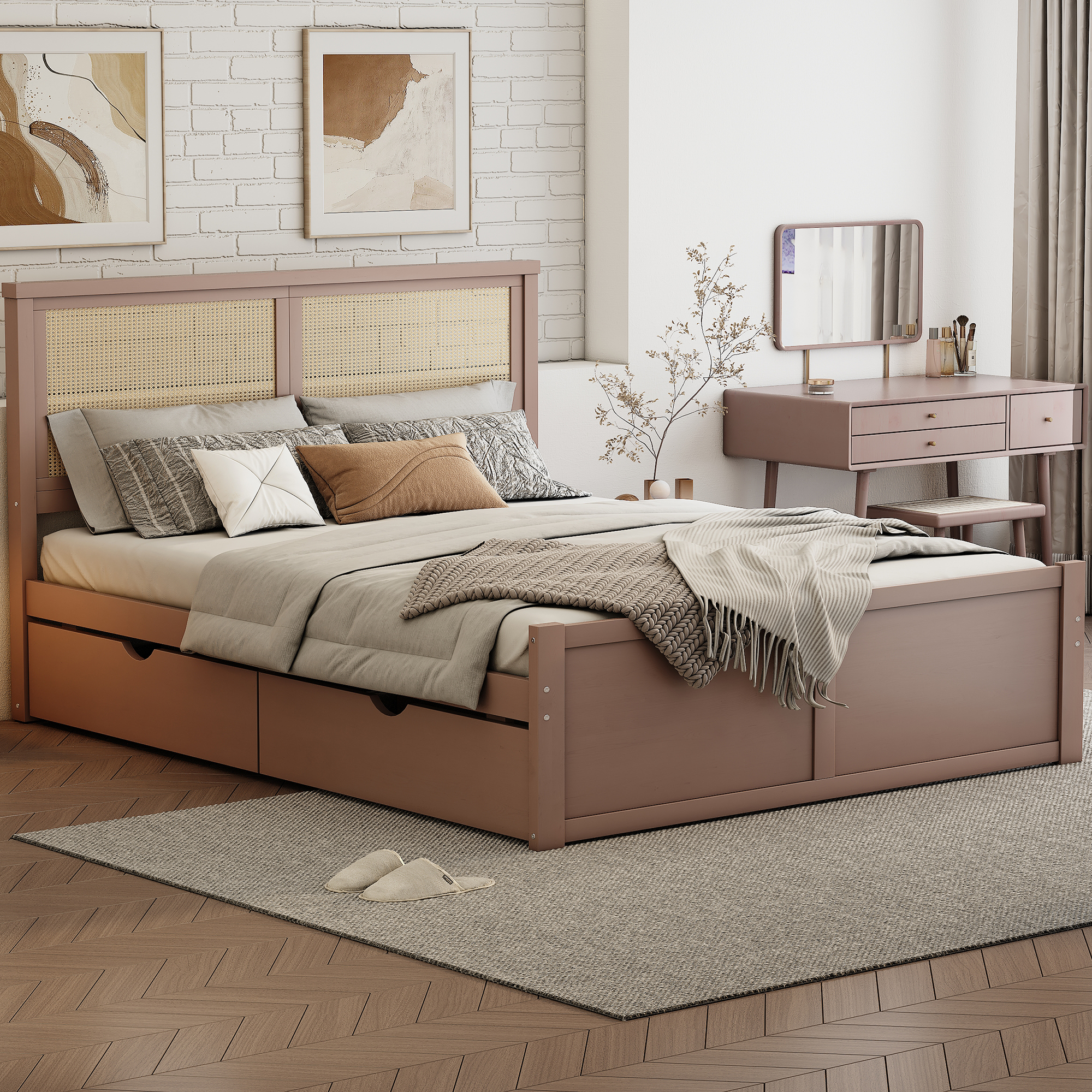 Queen/Full Size Wood Storage Platform Bed with 4 Drawers, Rattan Headboard, Espresso/Nature 