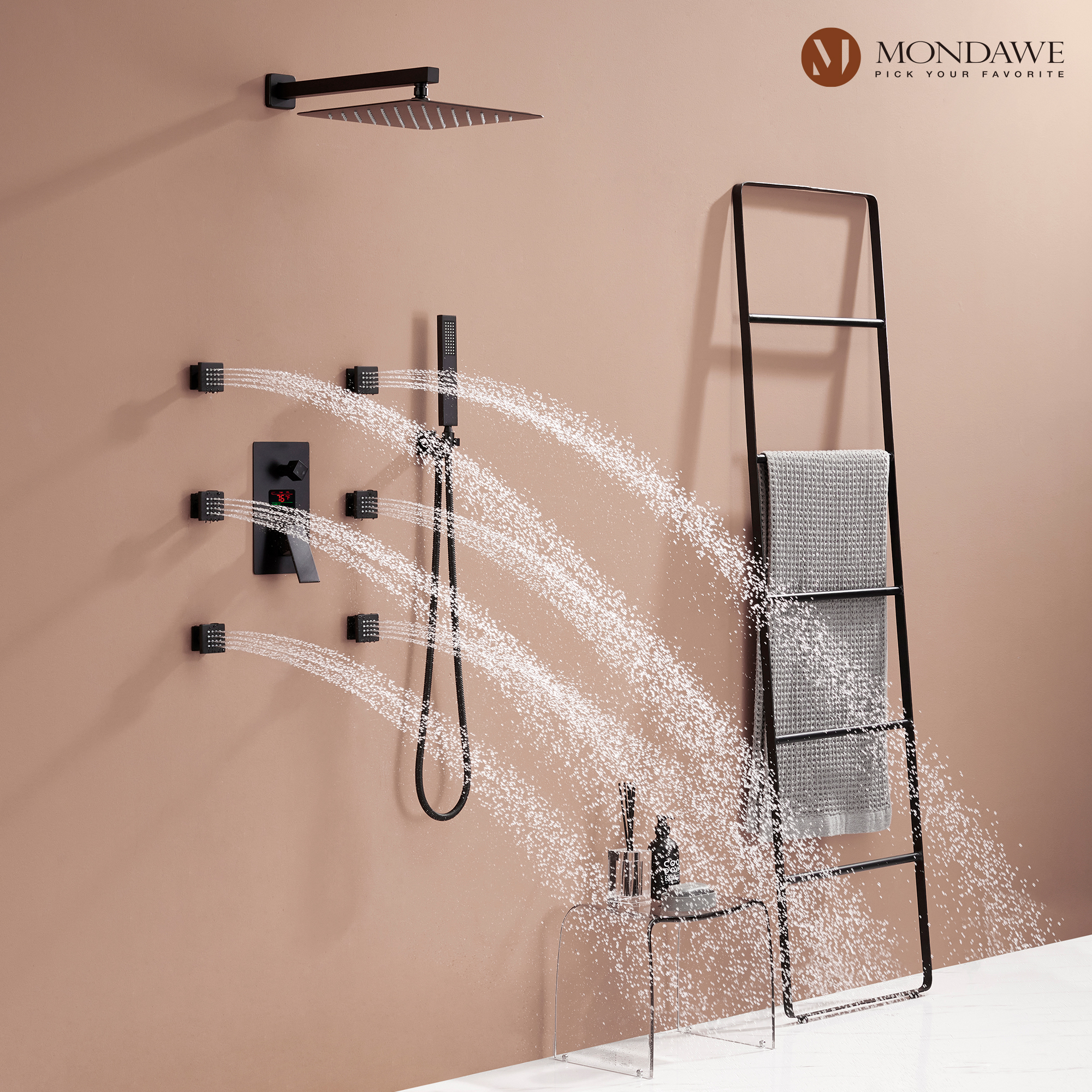 Mondawe Wall Mount Pressure Balanced Rain Shower Head System with Body Sprayers Handheld Shower and Digital Display-Mondawe