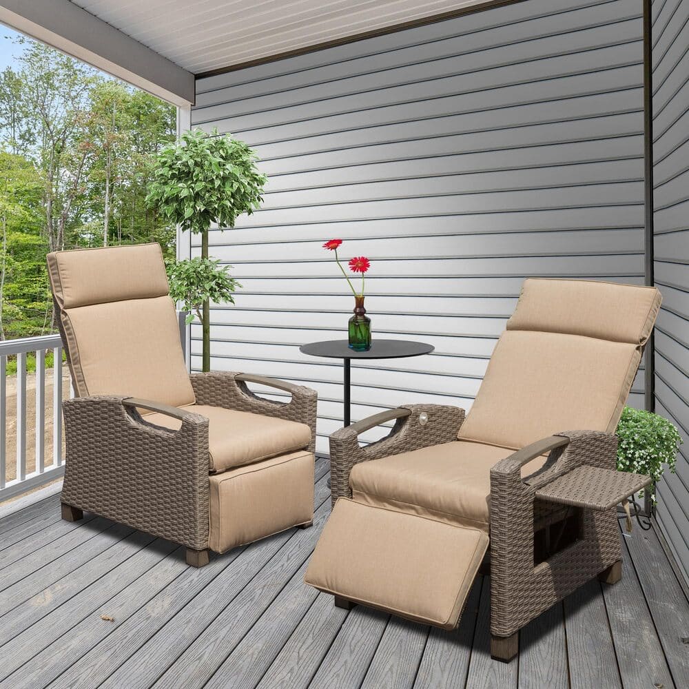 Outdoor Recliner Chair, Patio Recliner with Hand-Woven Wicker, Flip Table Push Back, Adjustable Angle, Thickness Cushions