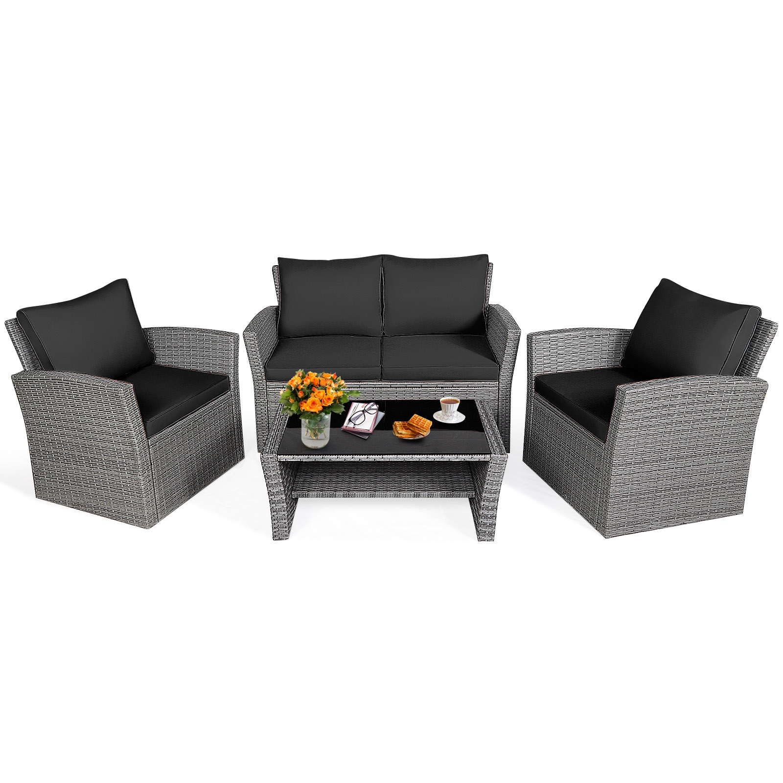 Mondawe 4 Pcs Patio Rattan Furniture Set Sofa Table with Storage Shelf Cushion-Black-Mondawe