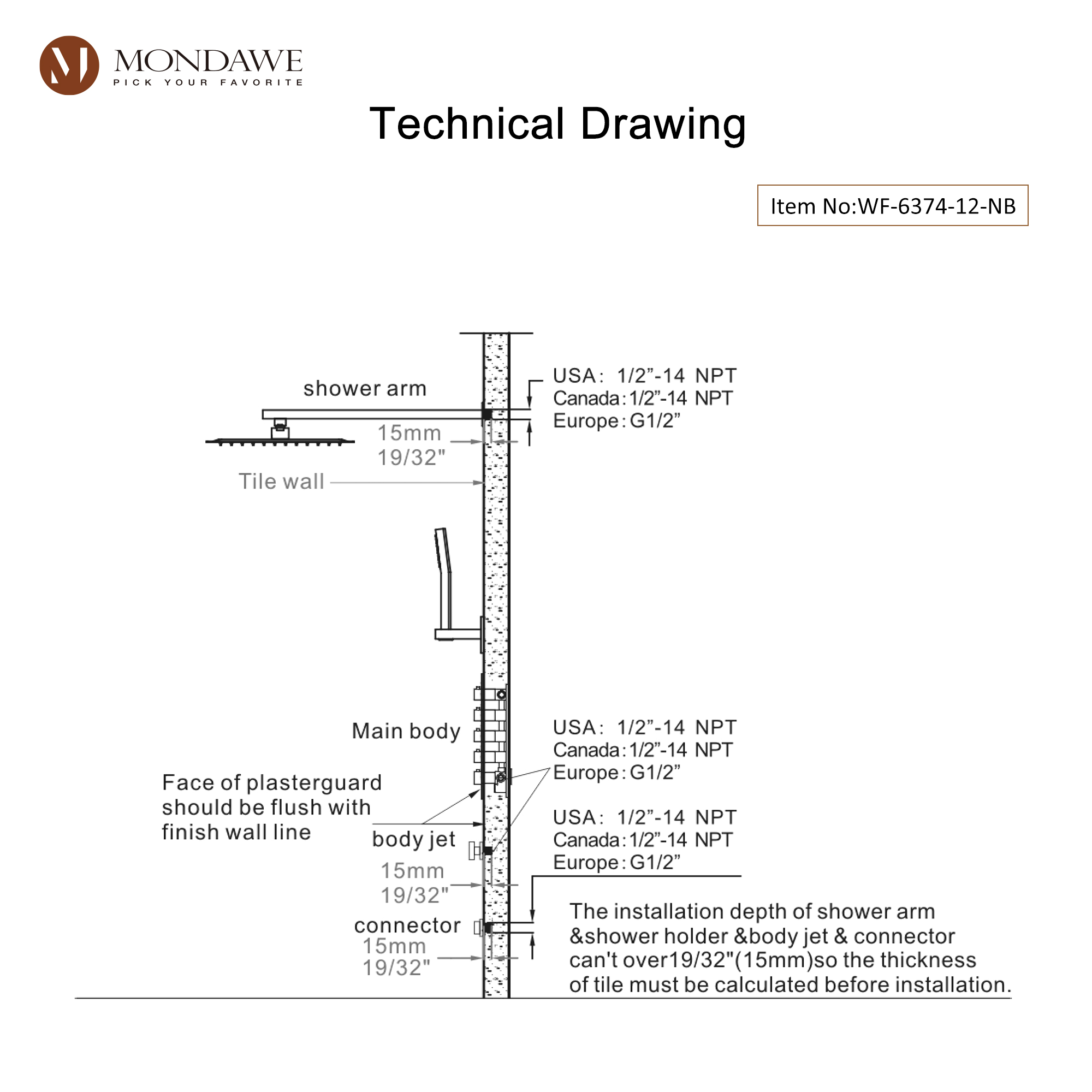 Mondawe Luxury Wall Mount Rain Shower Head with 6 Shower Jet and LED 3-Spray Patterns Thermostatic 12 in. -Mondawe