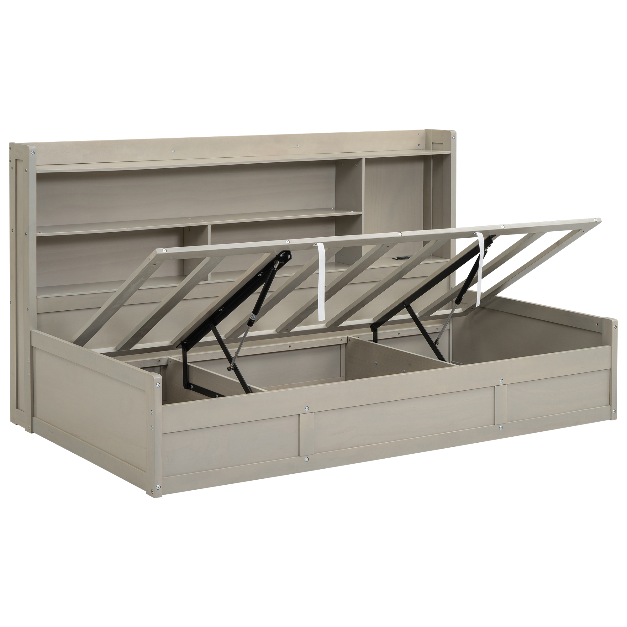 Twin Size Daybed Frame with Storage Bookcases and Underneath Storage, USB Charging Station, White/Gray 