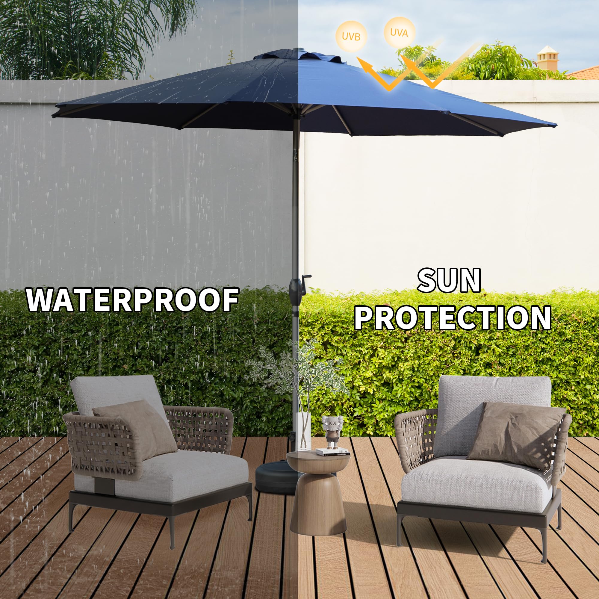 10FT Patio Umbrella, Outdoor Table Umbrella with Push Button Tilt and Crank, UV Protection Waterproof Market Sun Umbrella with 8 Sturdy Ribs for Garden, Deck, Backyard, Pool (Brick red /Navy Blue /Gray)
