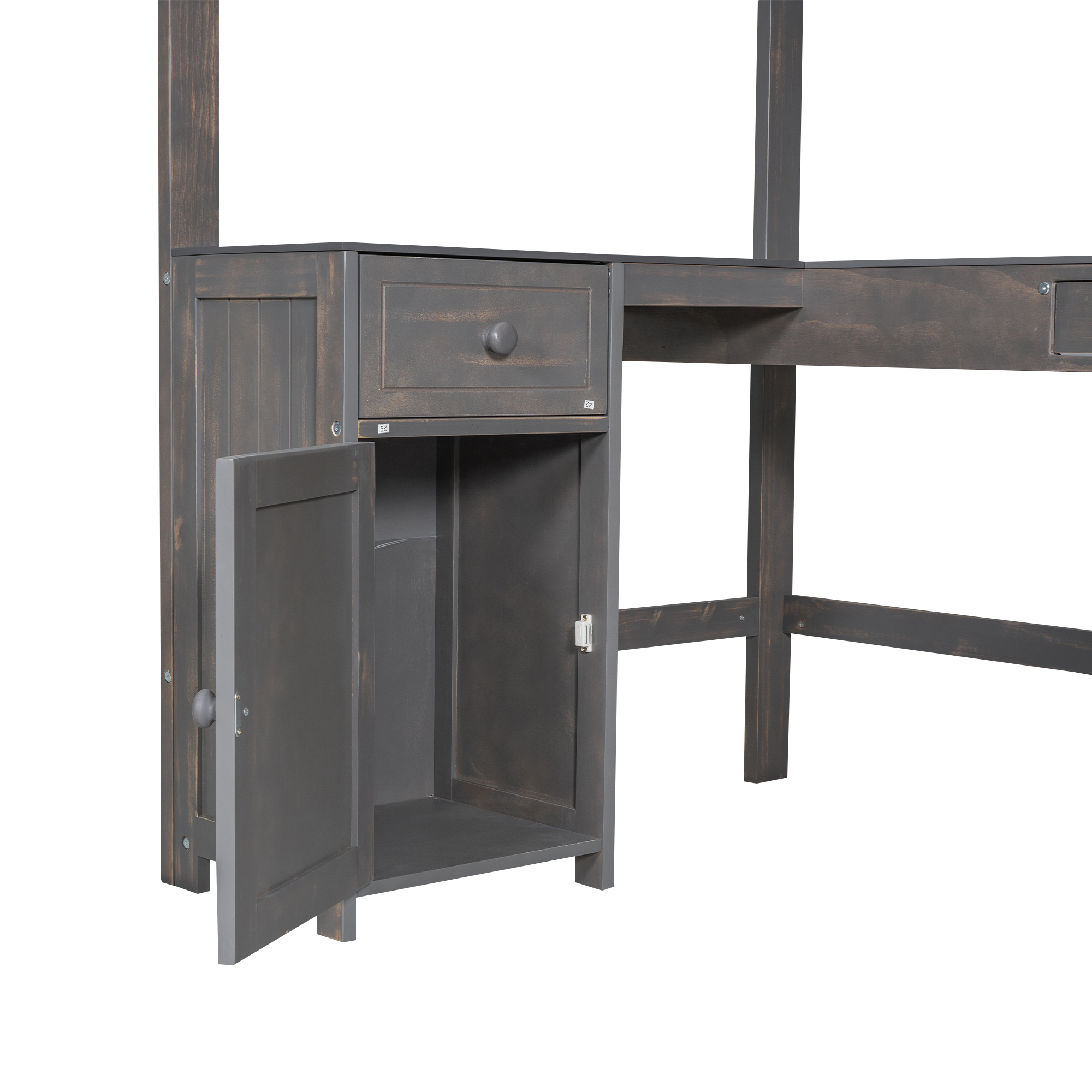 Full/Twin Size Loft Bed with U-shaped Desk, Drawers and Storage Shelves, White/Antique Brown 