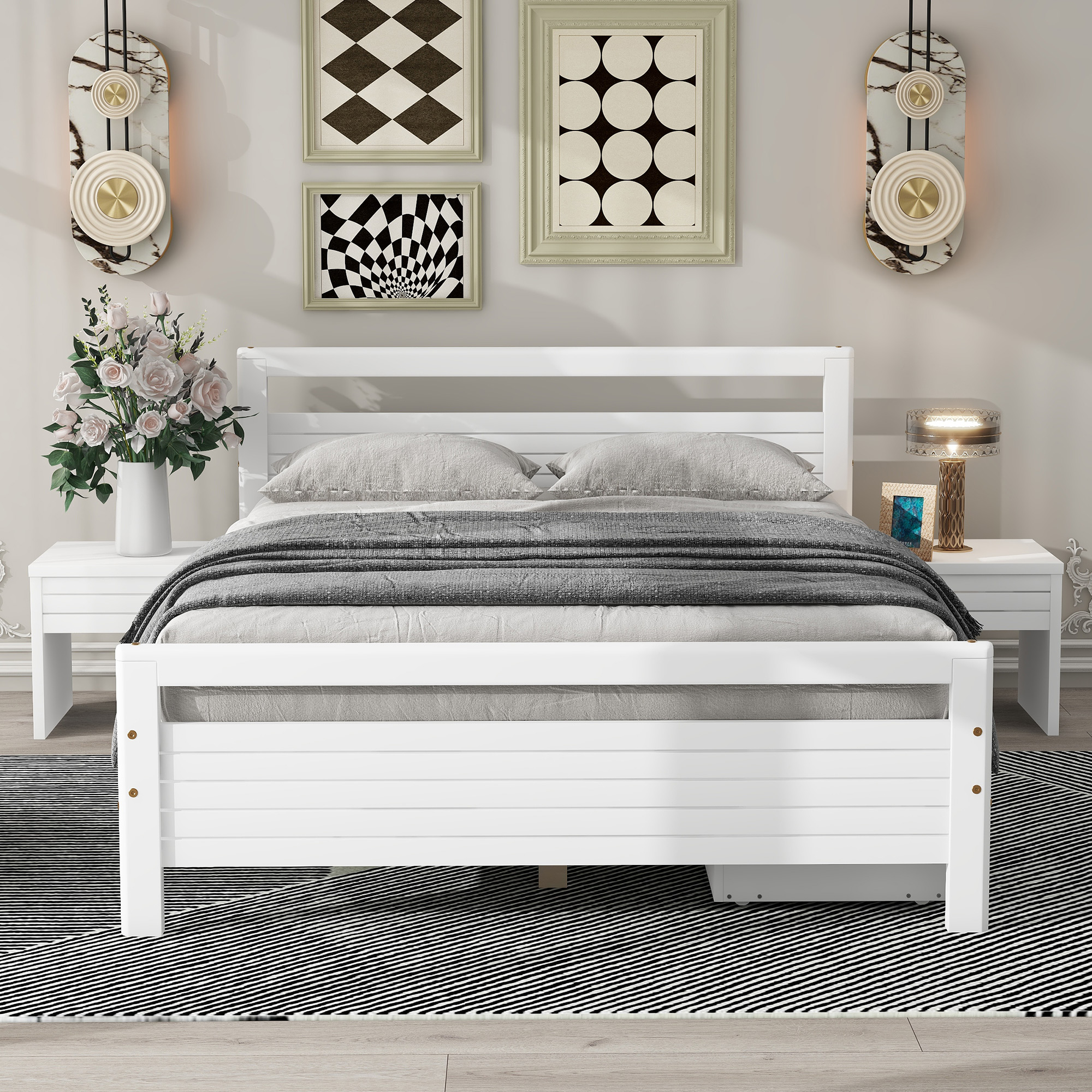 Full Size Wooden Platform Bed with 2 Storage Drawers and 2 bedside tables, White 