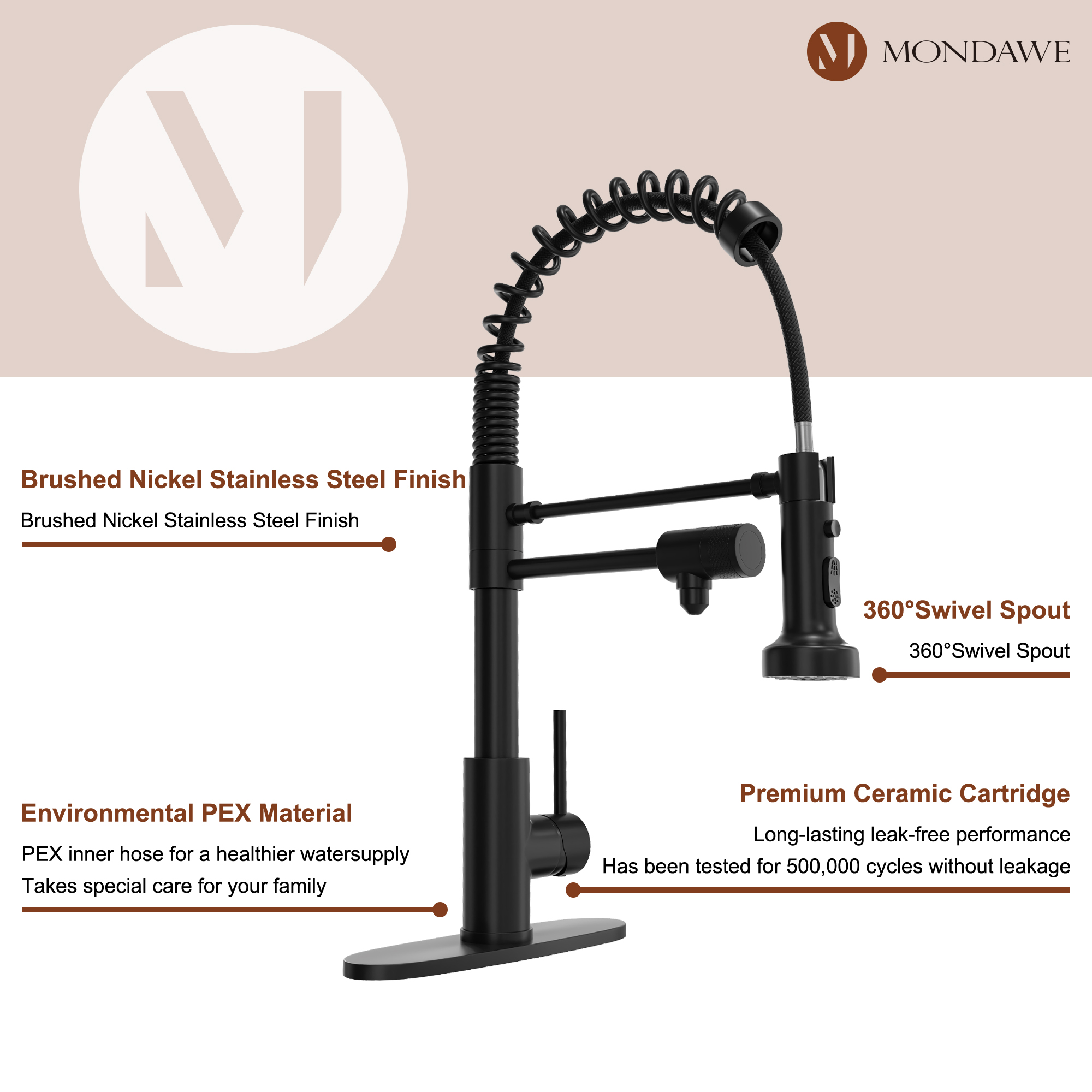 Mondawe 1.8 gpm Lead-Free Copper Brass Single Handle Pull Down Kitchen Faucet for Bar Laundry Kitchen Sink-Mondawe