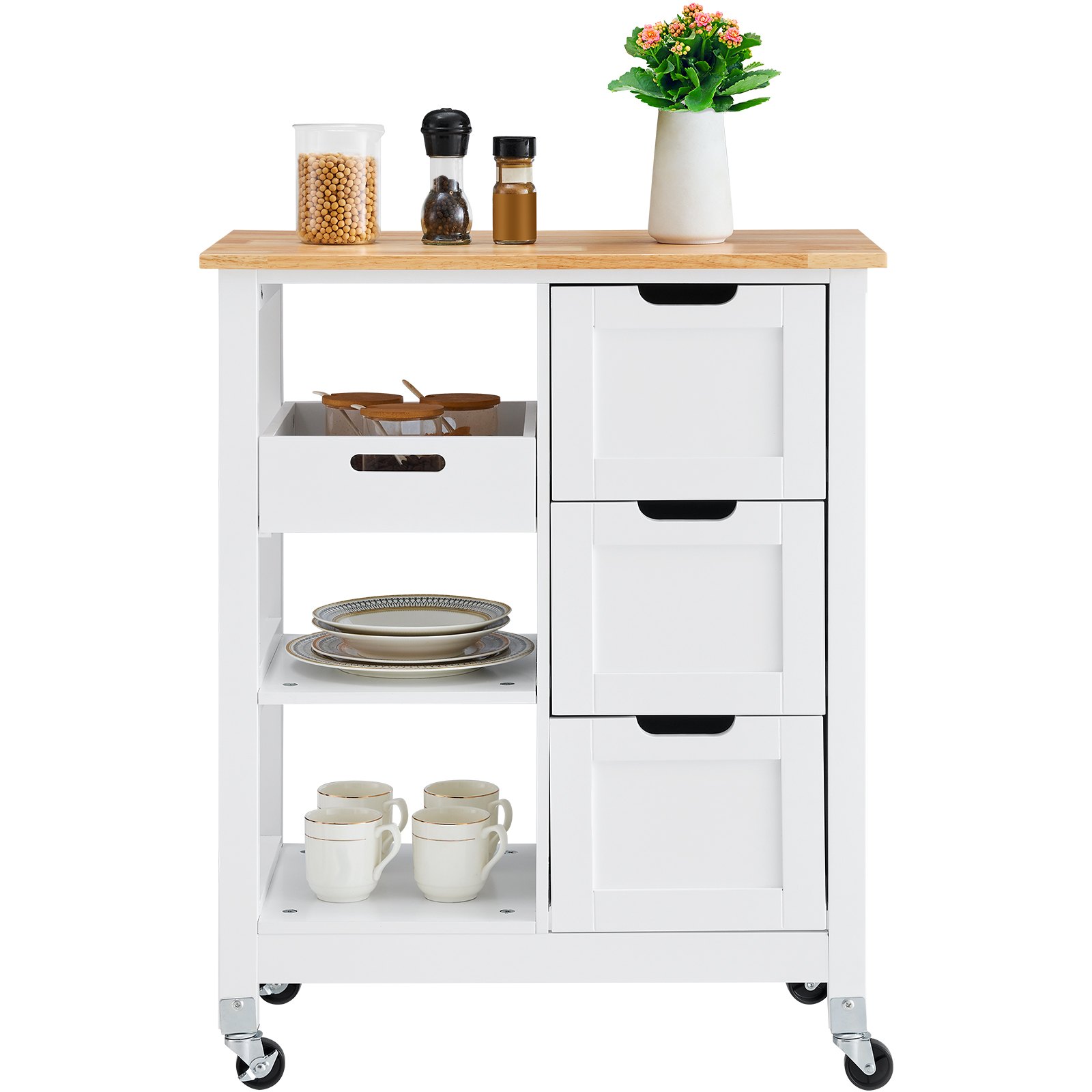 Rolling Portable Small Kitchen Island Cart on Wheels with Solid Wood Top, Dining Room Serving Utility Carts Mobile Movable with 3 Drawers and Storage Shelves Cabinet, White 
