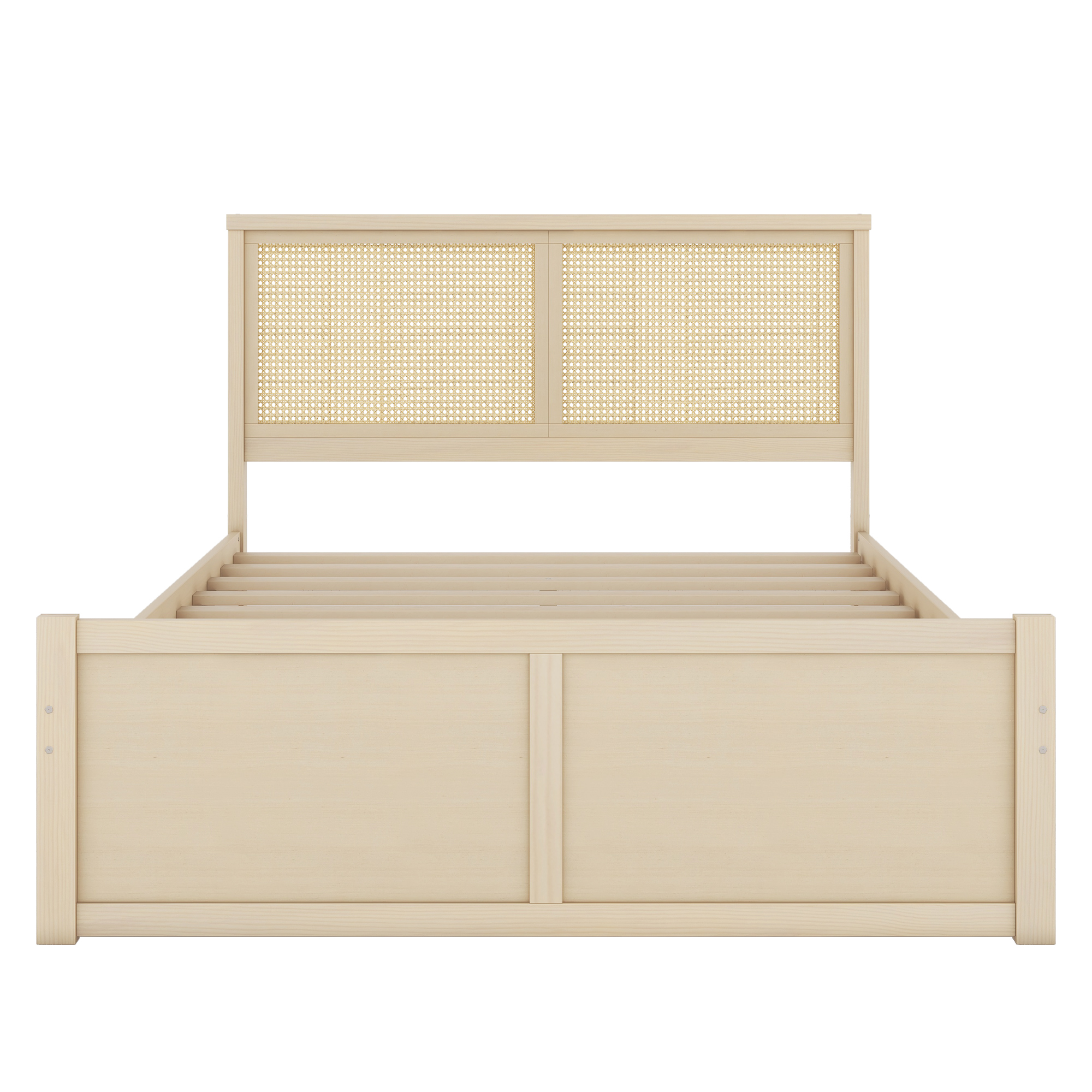 Queen/Full Size Wood Storage Platform Bed with 4 Drawers, Rattan Headboard, Espresso/Nature 