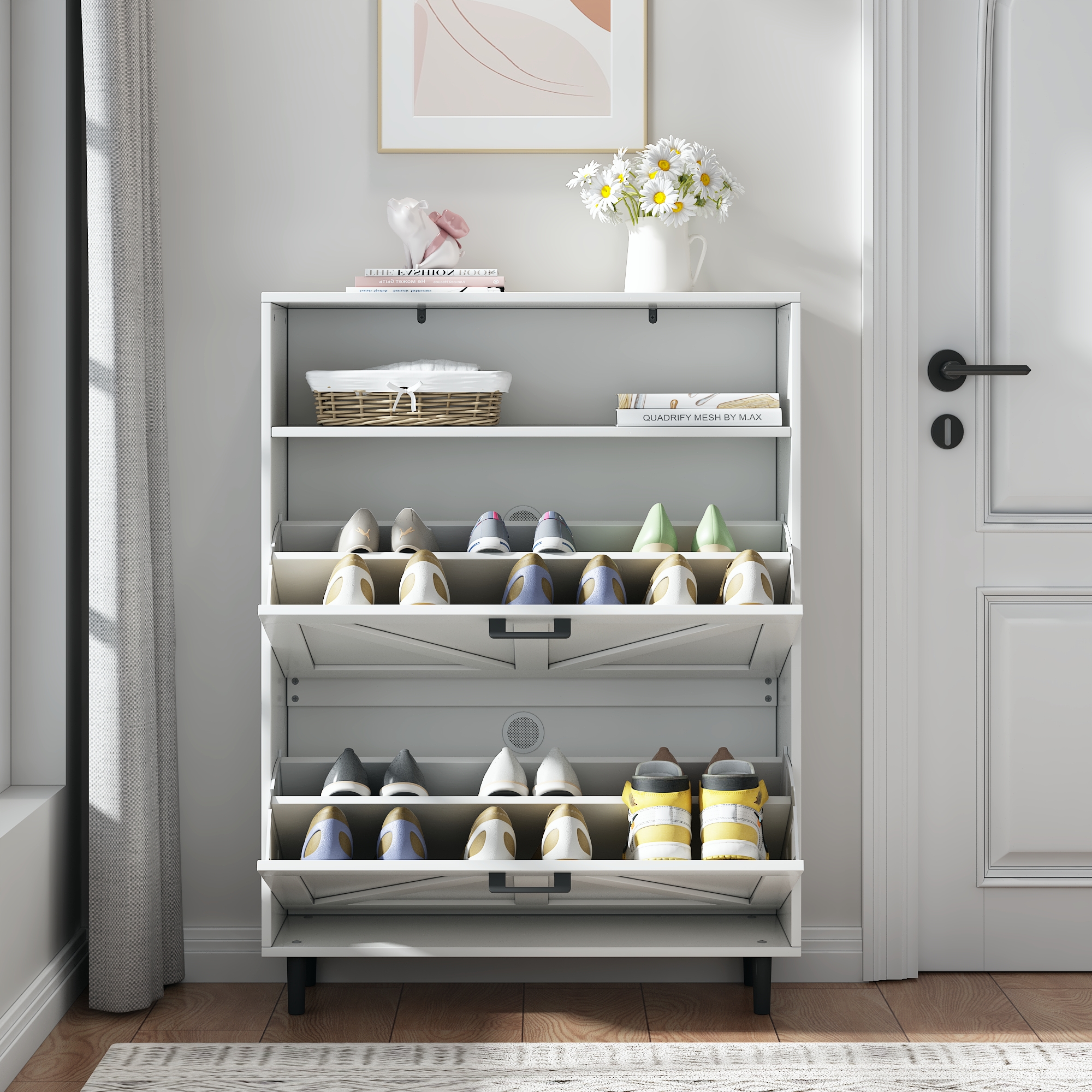 Farmhouse Shoe Storage Cabinet with Barn Door Design, Shoe Organizer with 2 Flip Drawers, Freestanding Narrow Shoe Rack Cabinet with Open Storage for Entryway,Foyer,Hallway,(Antique White/Natural Wood) 