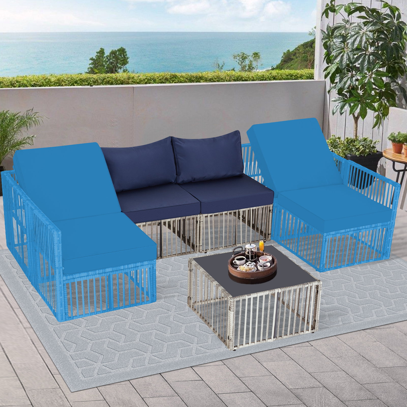 7-Piece Outdoor Patio Furniture Set – PE Rattan Sectional Sofa with Cushions & Coffee Table, All-Weather Wicker, Removable Covers，Gray/Blue/Brown