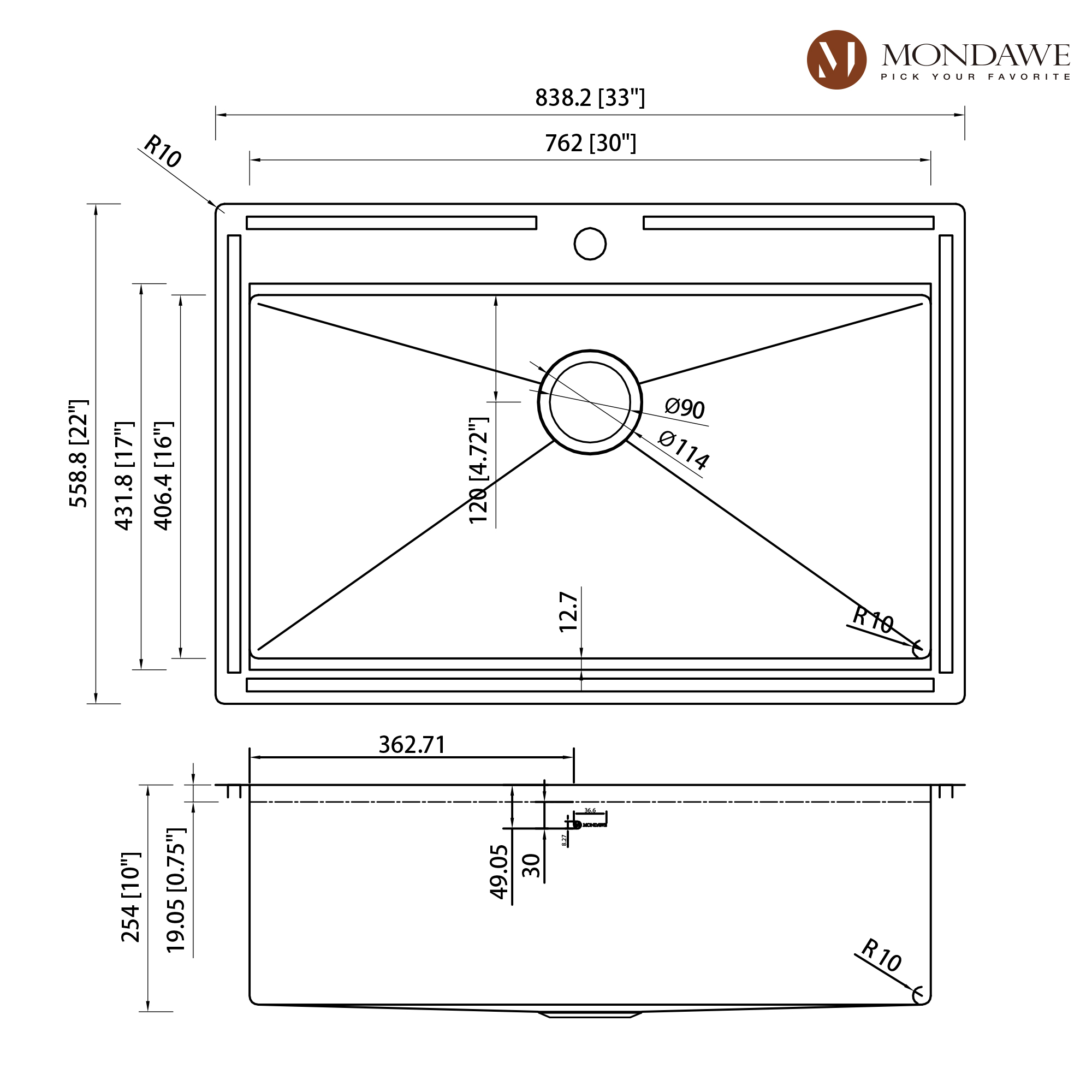 Drop-In 33-in x 22-in Brushed Stainless Steel Single Bowl Workstation Kitchen Sink-Mondawe