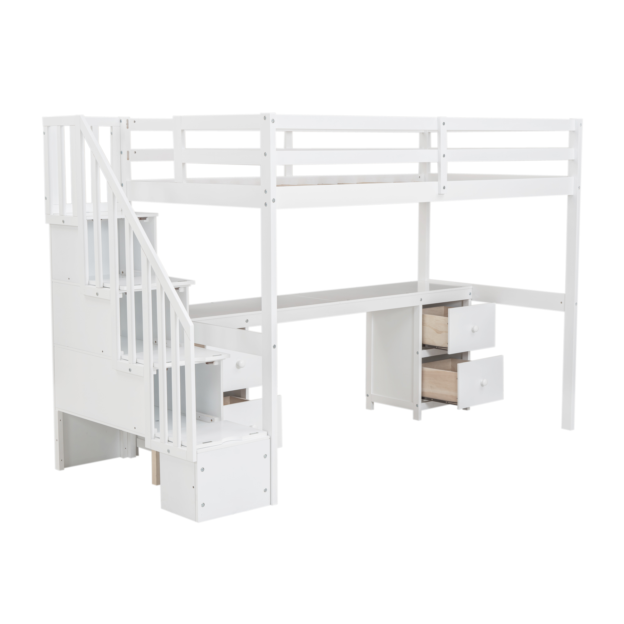 Twin Size Loft Bed Frame with Built-in Desk and Double Storage Drawers,White/Gray