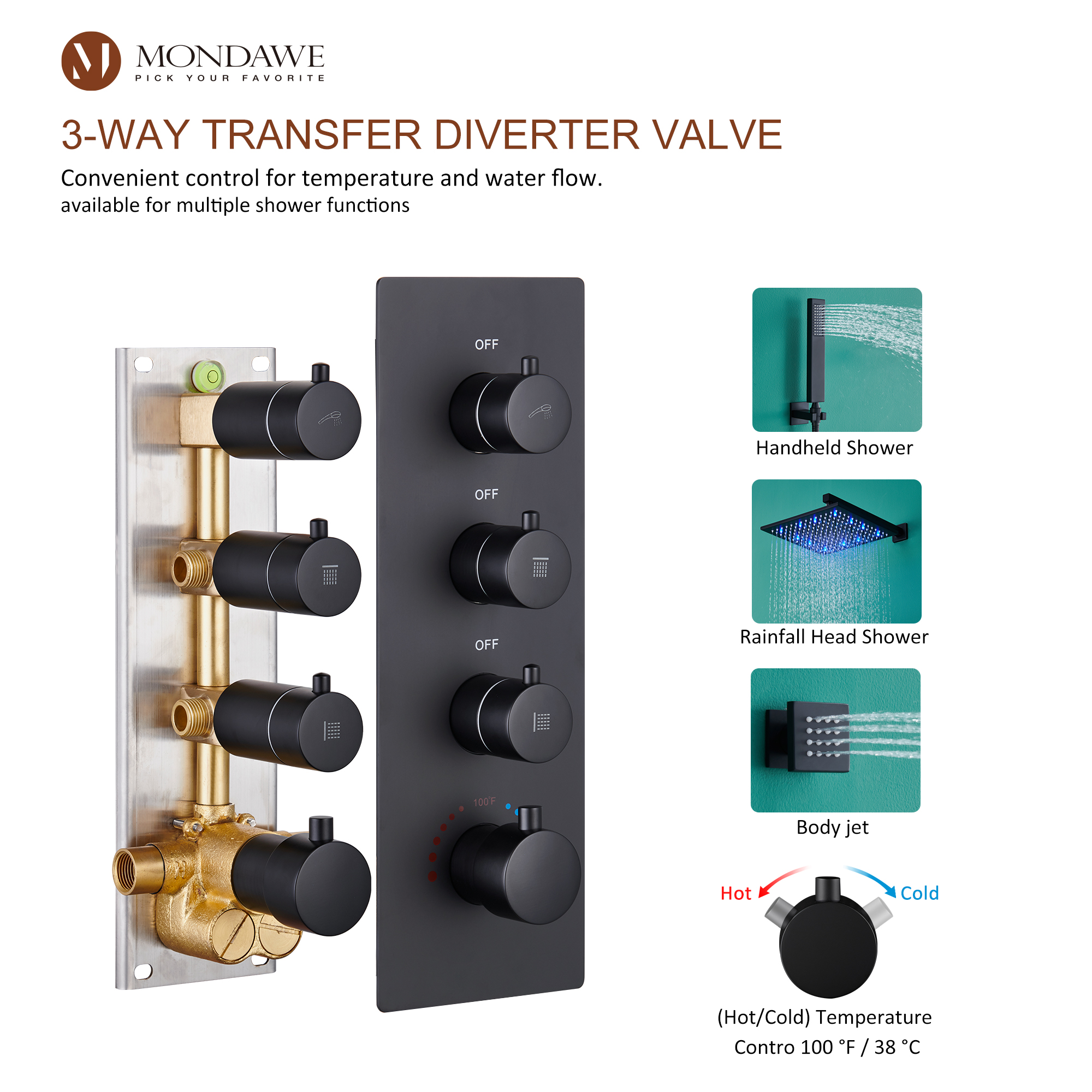 Mondawe Luxury Wall Mount Rain Shower Head with 6 Shower Jet and LED 3-Spray Patterns Thermostatic 12 in. -Mondawe