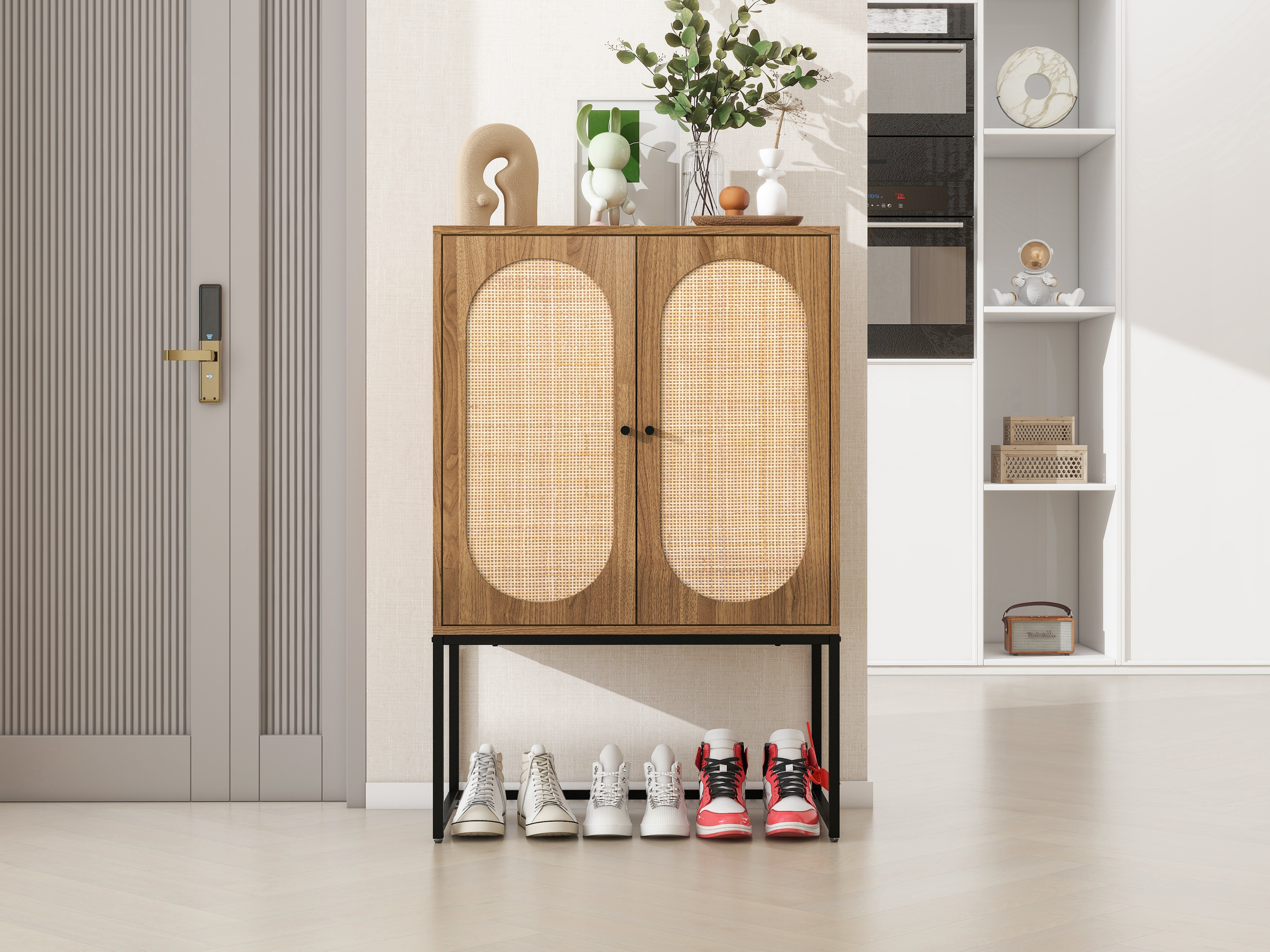 Natural rattan, Allen 2 Door high cabinet, rattan, Built-in adjustable shelf, Easy Assembly, Free Standing Cabinet for Living Room Bedroom 