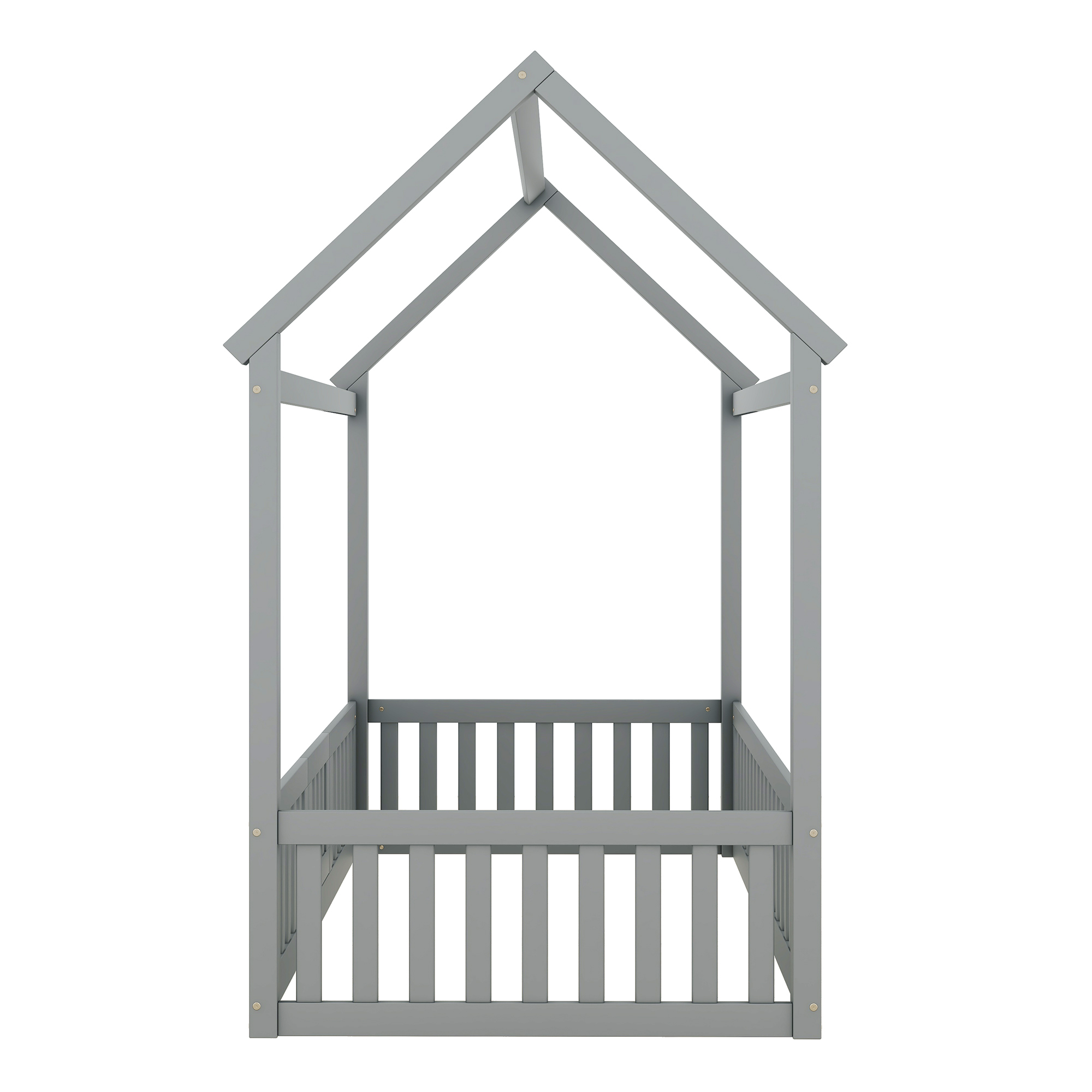 Twin/Full Size Wood House Bed with Fence and Door, Gray/White