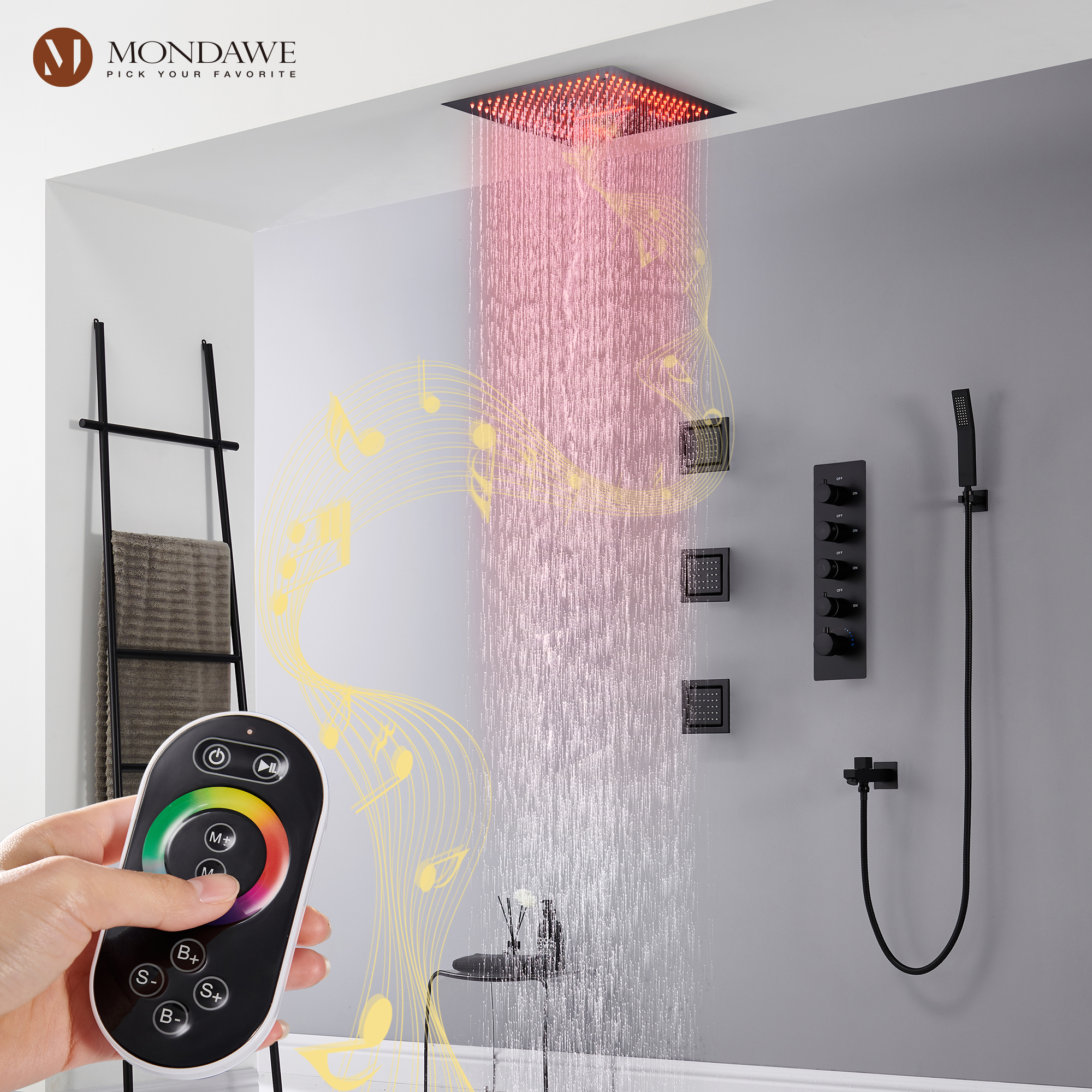 Mondawe 4-Way Shower System with LED and Music Player in Black/Nickel/Gold-Mondawe