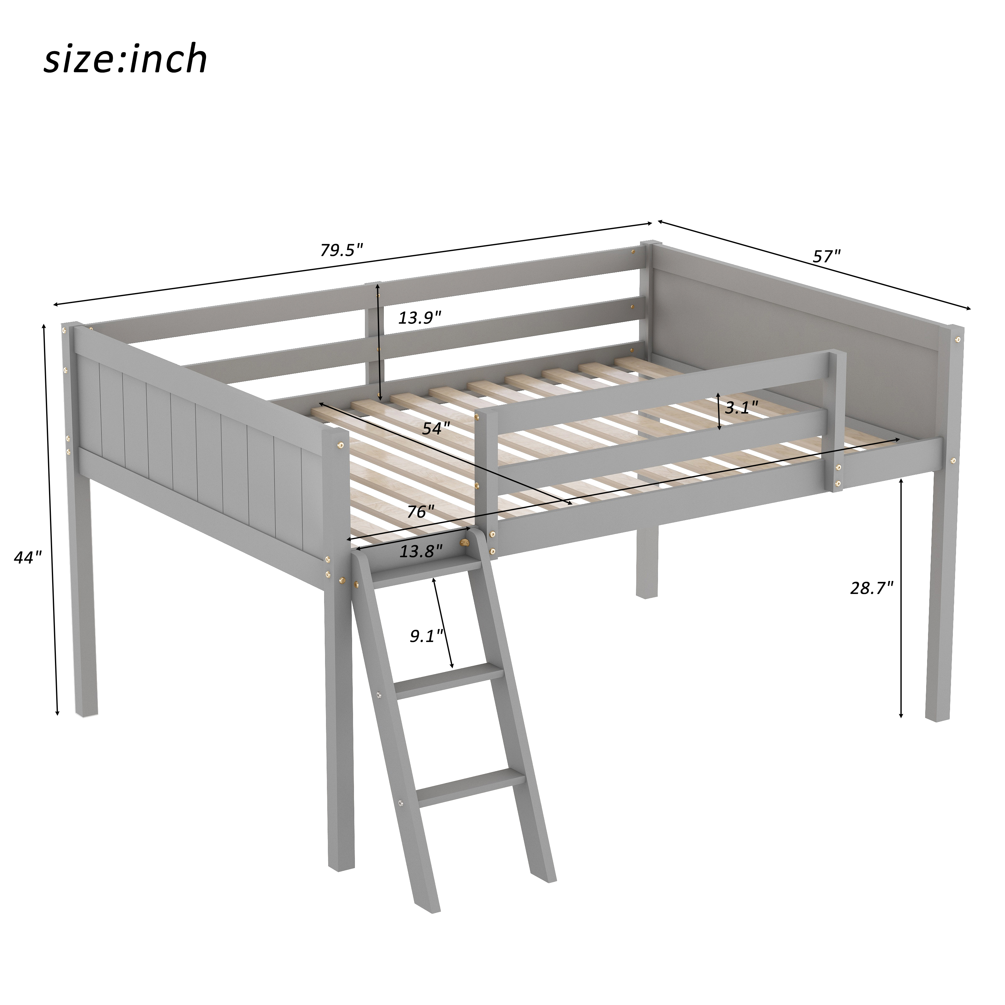 Full Size Wood Low Loft Bed with Ladder, ladder can be placed on the left or right, Gray/White