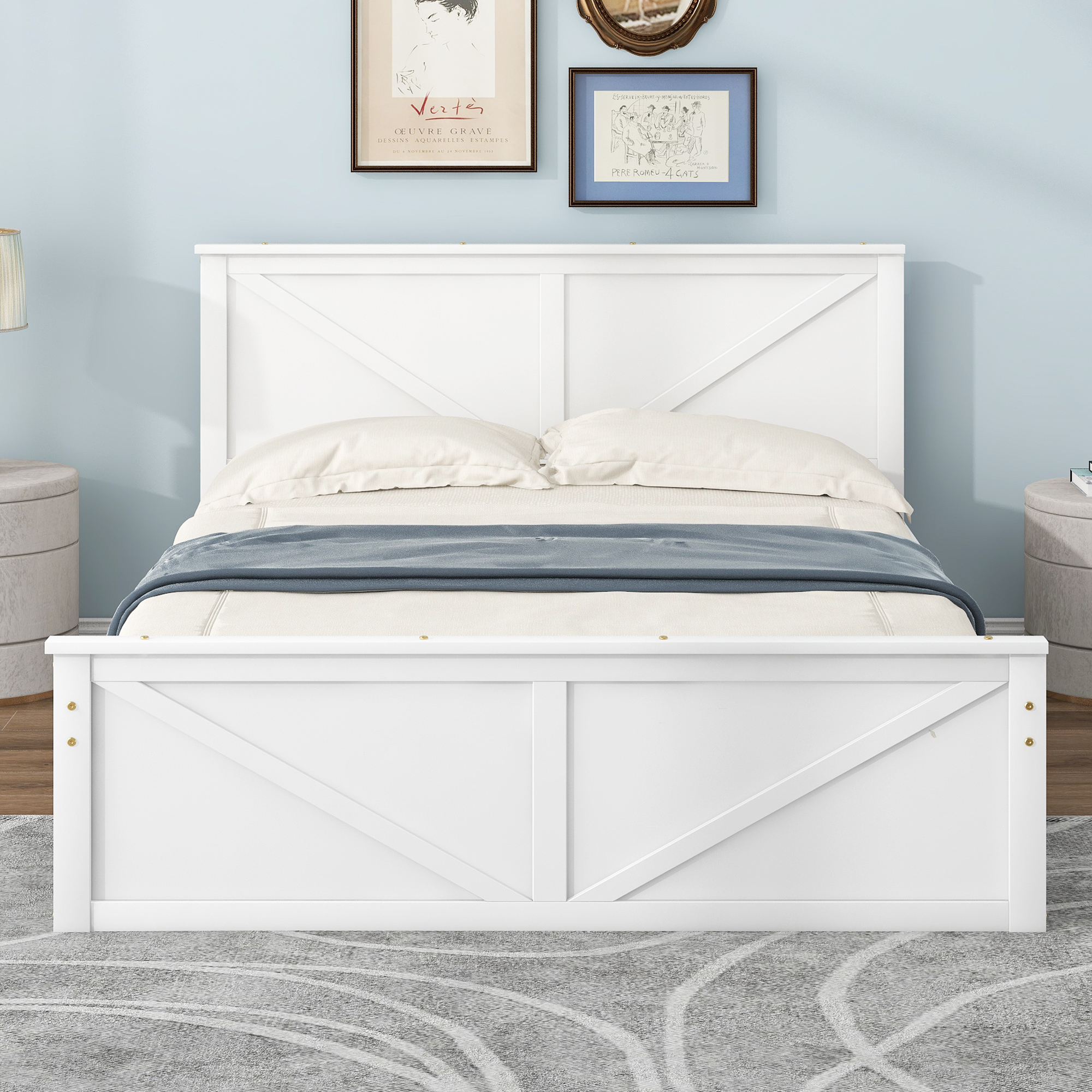 King/Queen Size Wooden Platform Bed with Four Storage Drawers and Support Legs, White/Gray