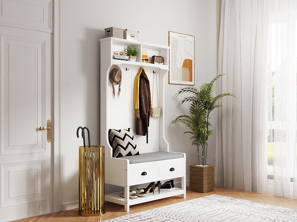 3-in-1 Hallway Hall Tree with 2 Storage Drawer and 4 Coat Rack, Wooden Entryway Shoe Rack Bench with Padded Seat Cushion, Mudroom Bench with Top Storage Shelf 