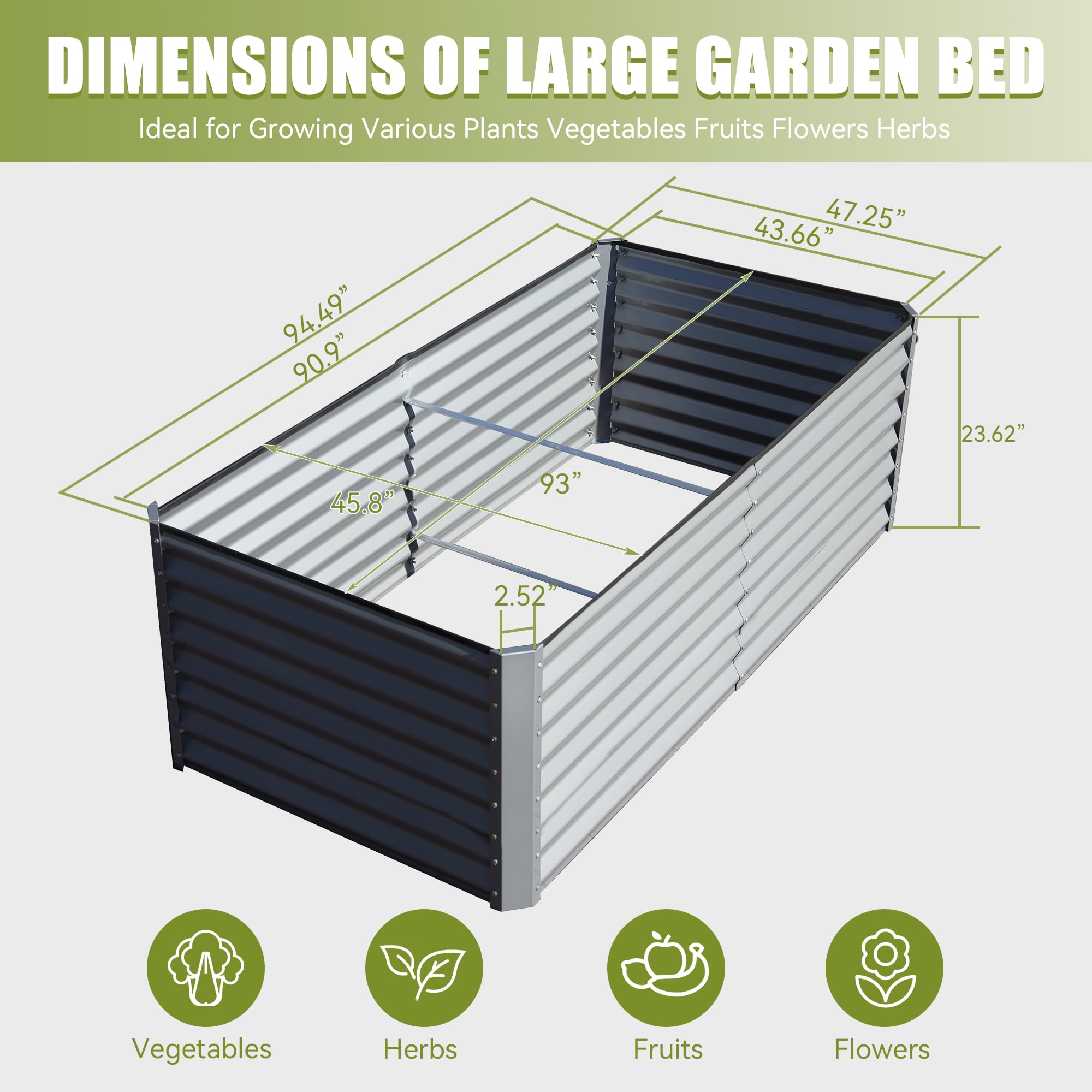 8x4x2 ft Galvanized Raised Garden Bed, Outdoor Planter Garden Boxes Large Metal Planter Box for Gardening Vegetables Fruits Flowers,Gray/Silver/Green