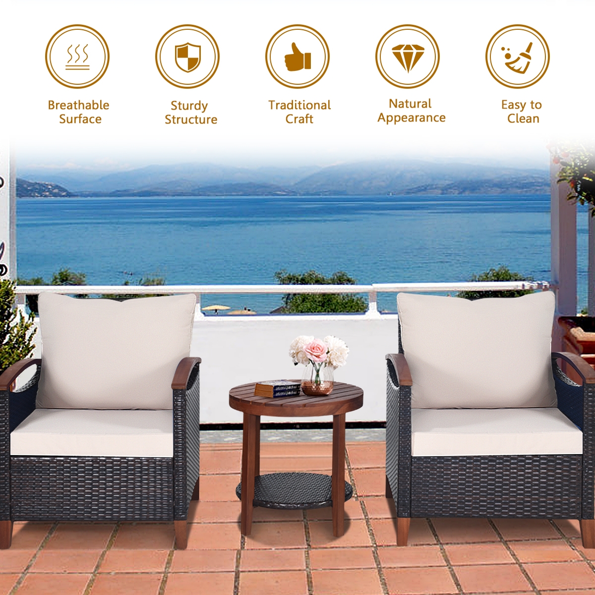 Mondawe 3 Pcs Solid Wood Frame Patio Rattan Furniture Set-Beige-Mondawe