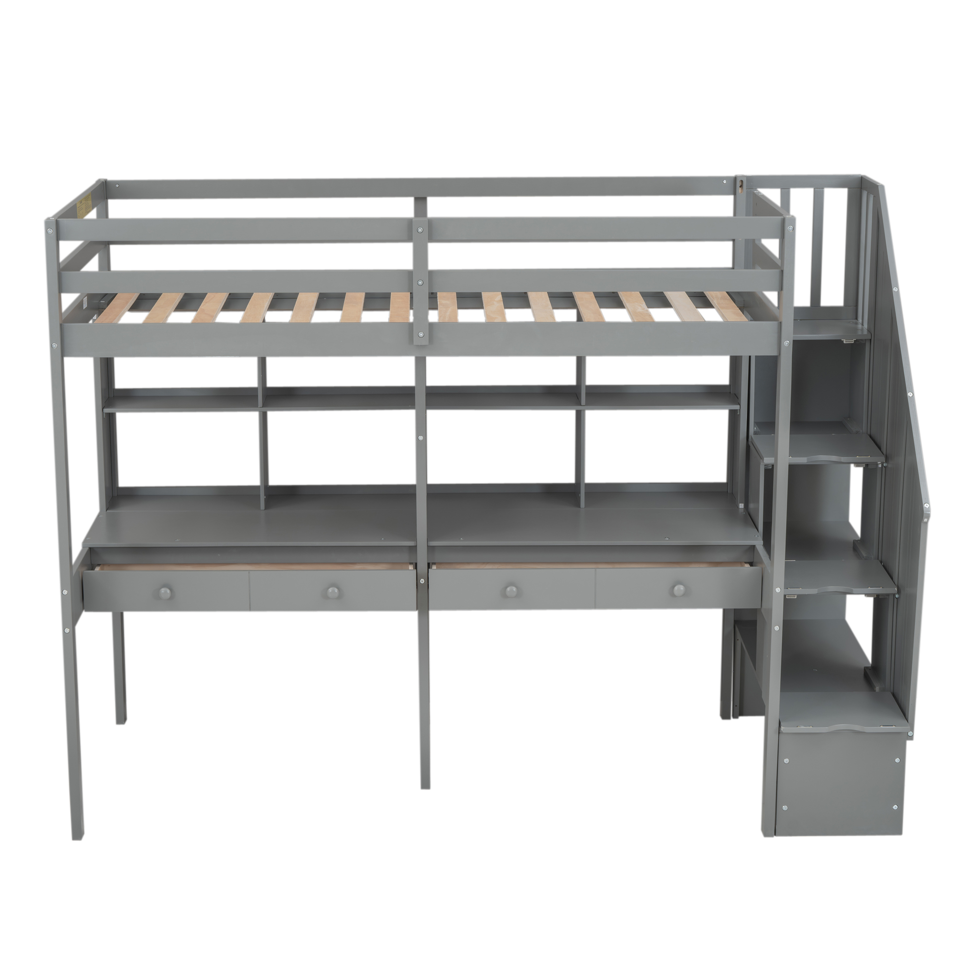 Twin Size Loft Bed Frame with Storage Staircase and Double Desks and Shelves,Gray/White