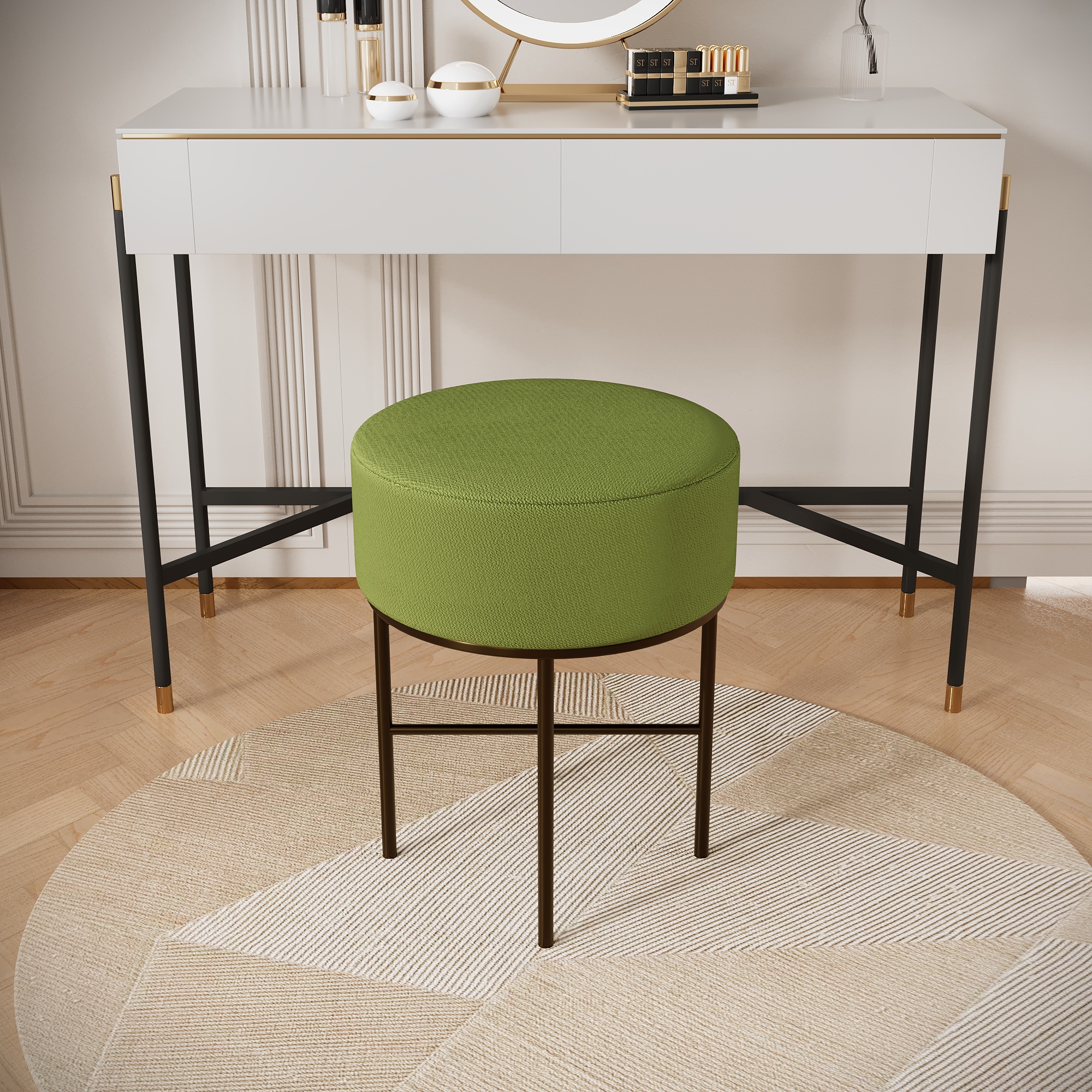 2 pcs Round Cushioned Vanity Stool, Linen Upholstered Vanity Stool for Makeup Room, Modern Soft Stool for Bar and Dining, Ottoman Footrest Stool with Metal Legs for Living Room, Bedroom(Matcha Green/Black) 