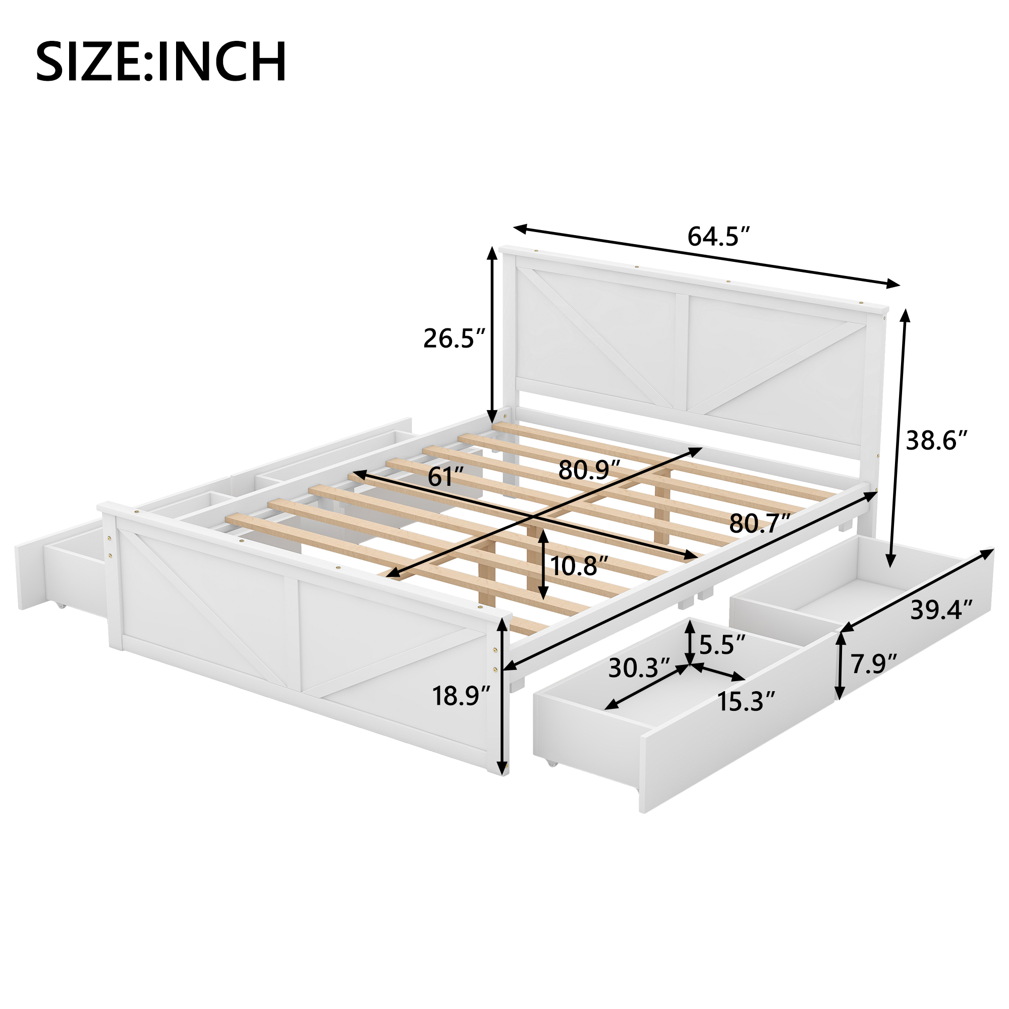 King/Queen Size Wooden Platform Bed with Four Storage Drawers and Support Legs, White/Gray