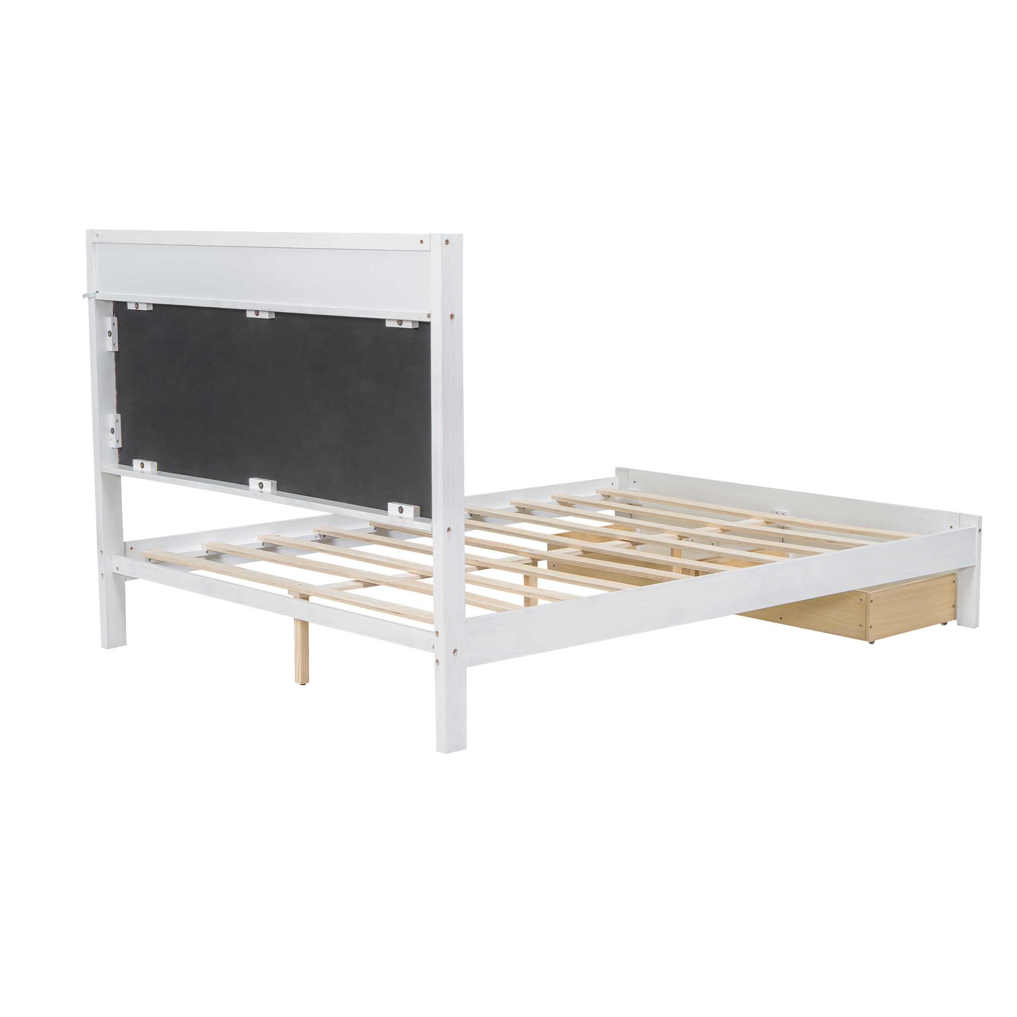 Wood Queen/Full Size Platform Bed with Upholstered Headboard and LED and 2 Drawers, Antique White 