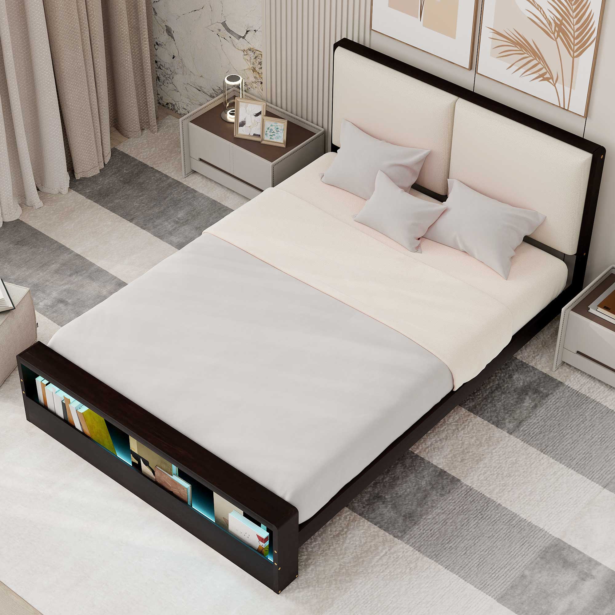 King/Queen Size Platform Bed Frame with Upholstery Headboard and Bookshelf in Footboard and LED Light Strips, Espresso