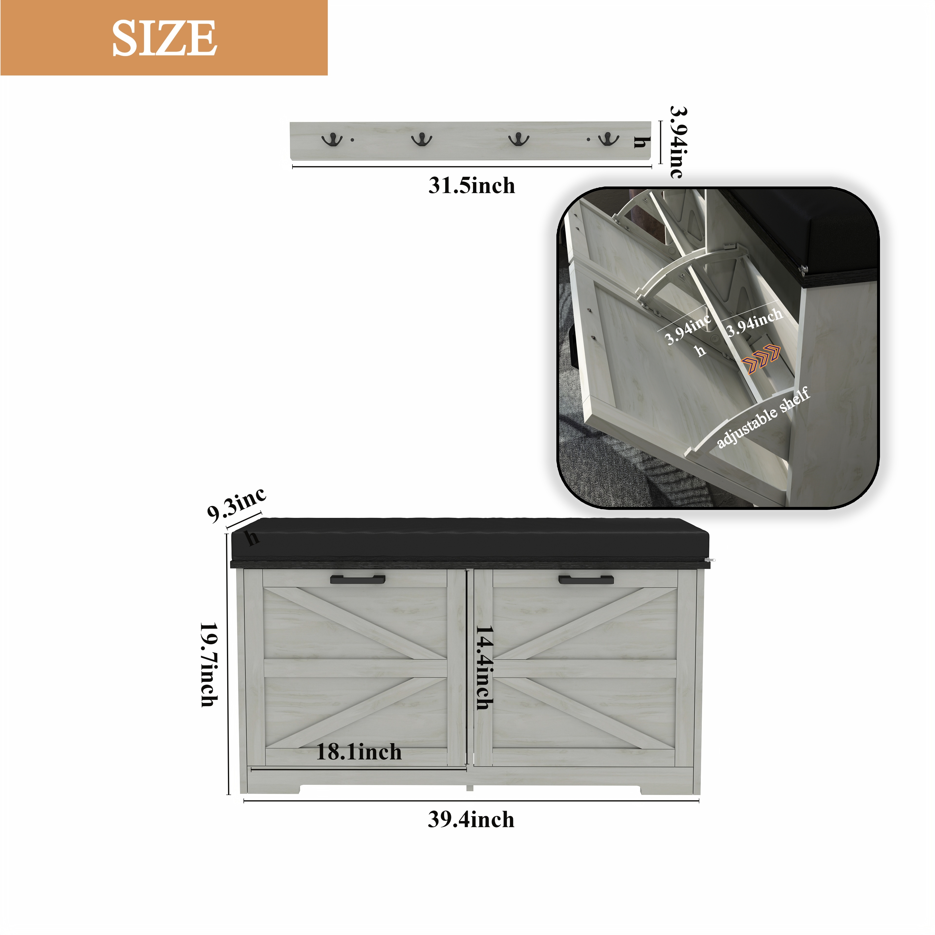 Farmhouse Shoe Storage Bench with Coat Rack, Antique White Shoe Bench with 2 Adjustable Flip Drawer, Hall Tree with Padded Seat Cushion and Shoe Organizer for Entryway, Hallway 