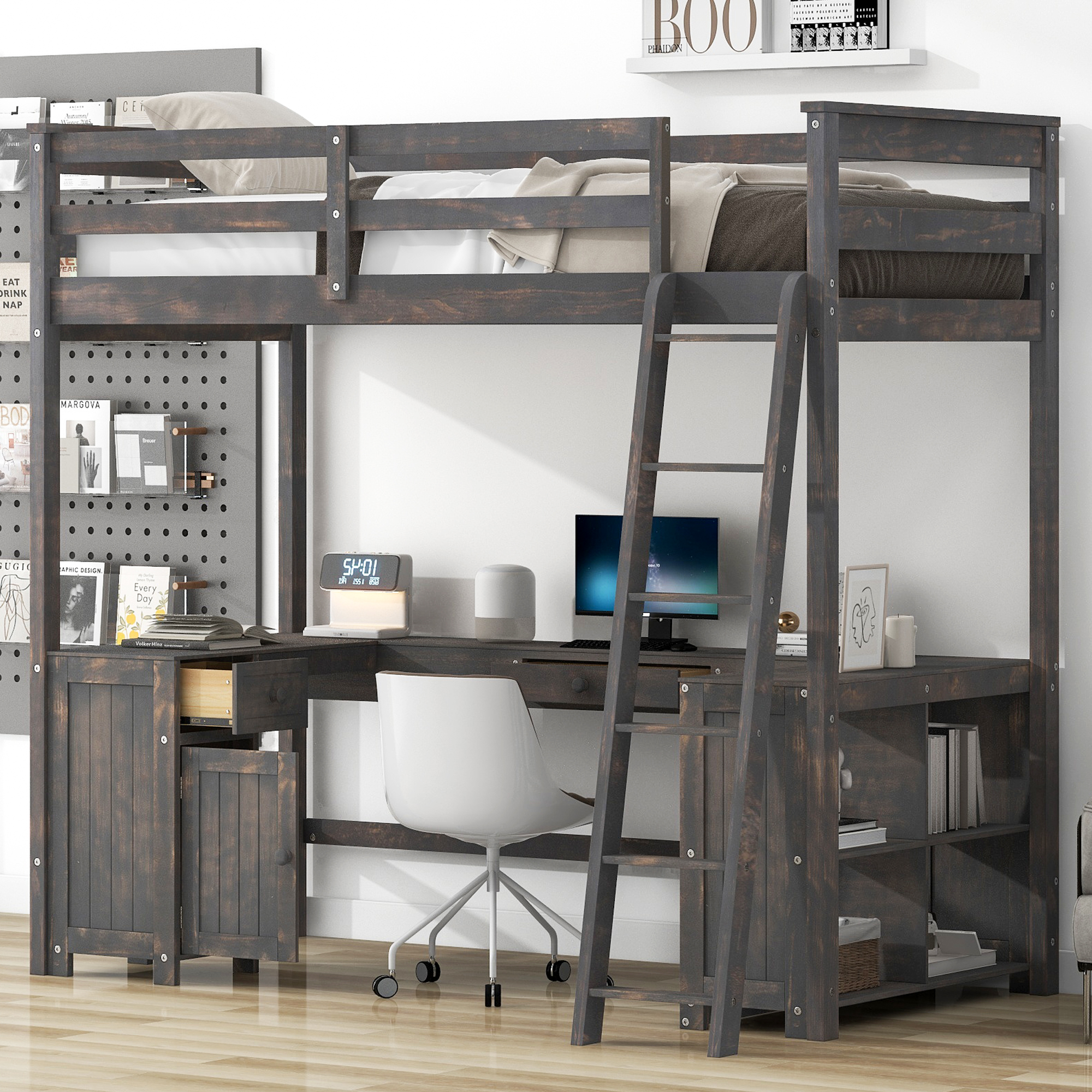 Full/Twin Size Loft Bed with U-shaped Desk, Drawers and Storage Shelves, White/Antique Brown 