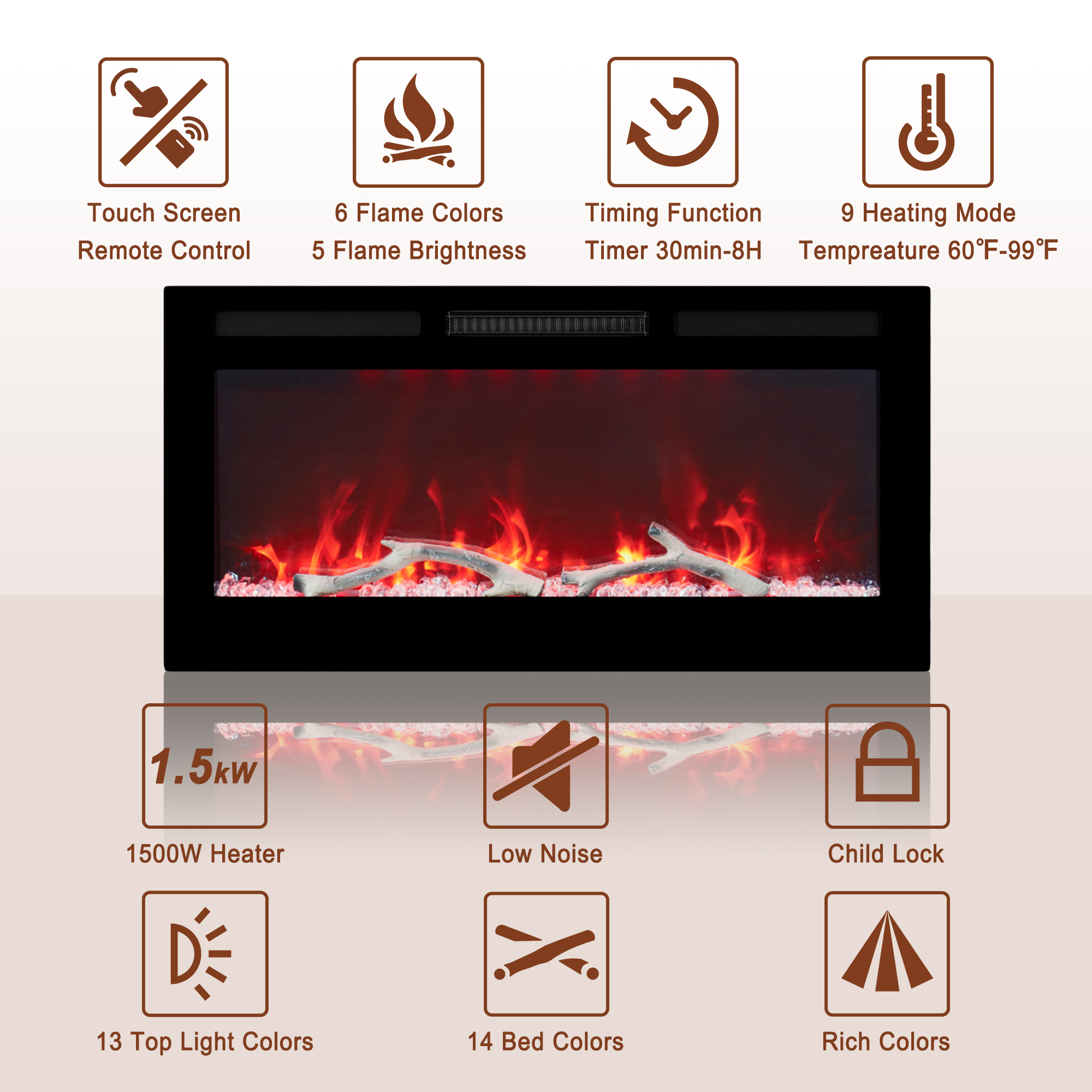 36/42/60/72 in. 4780 BTU Recessed/Wall-mounted Electric Fireplace