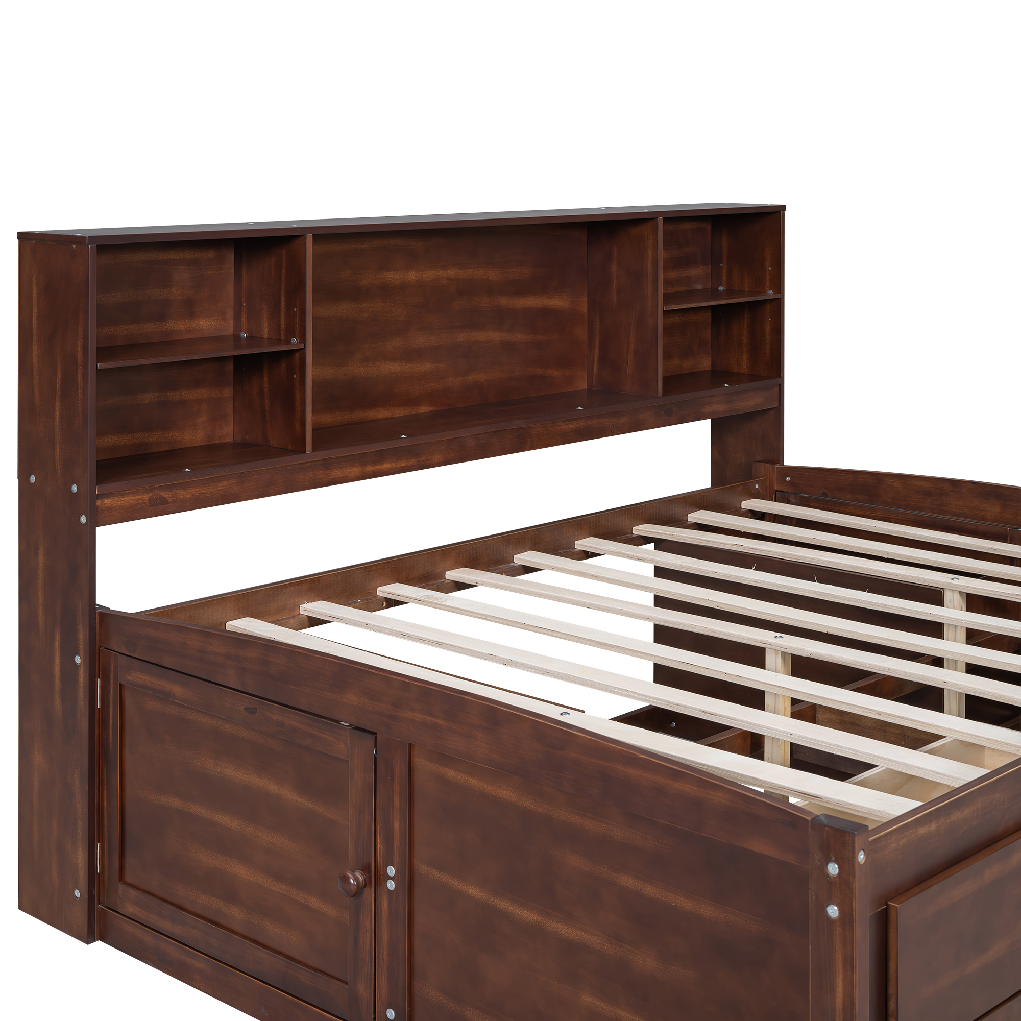 Full Size Wooden Captain Bed with Built-in Storage Shelves, 4 Drawers and 2 Cabinets, Antique Brown 