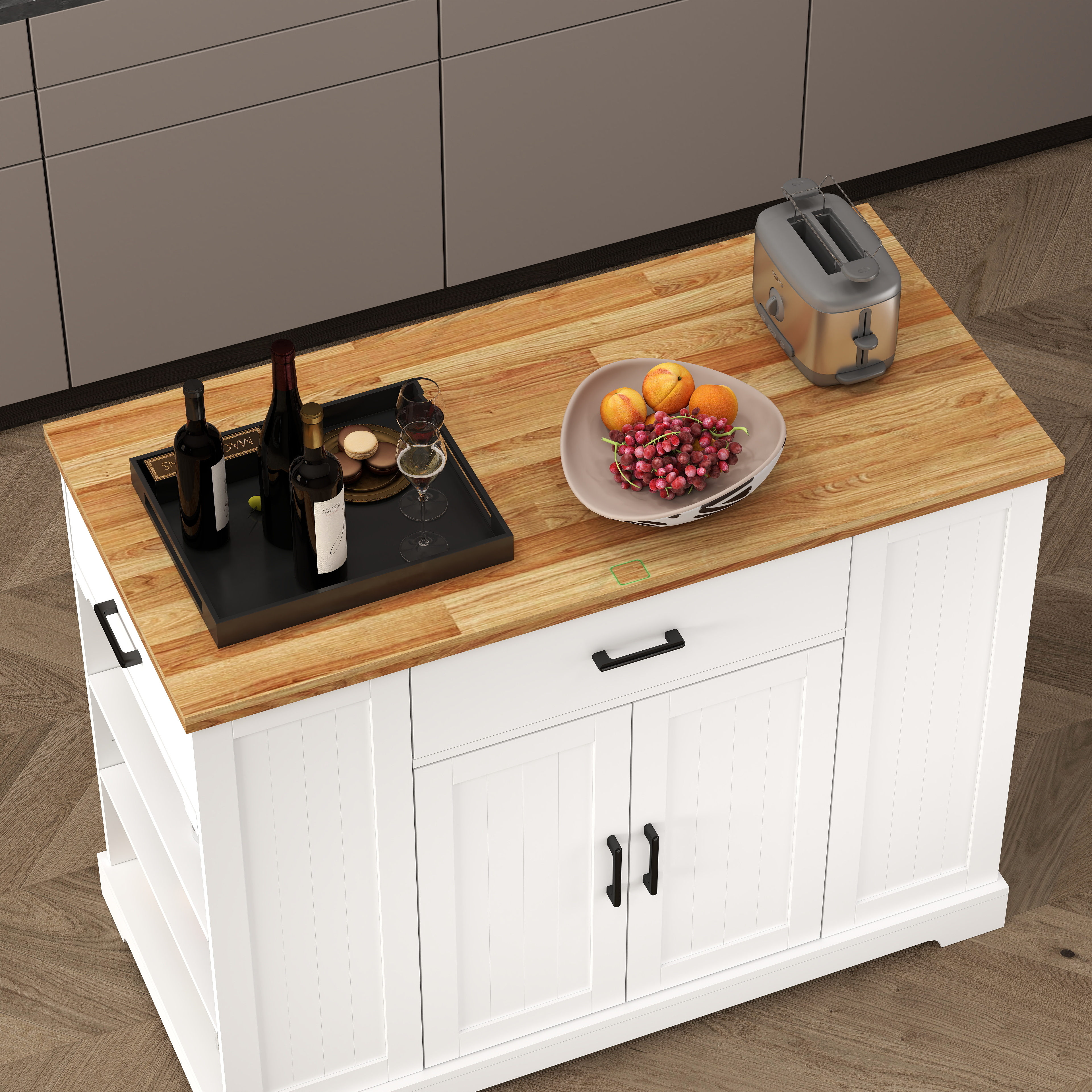 46.2'' Multi-Storage Kitchen Island with Rubber Wood Tabletop, Large Farmhouse Kitchen Cart with Adjustable Shelves and Drawers, Dinning Table Bar with Storage Cabinet for Kitchen 