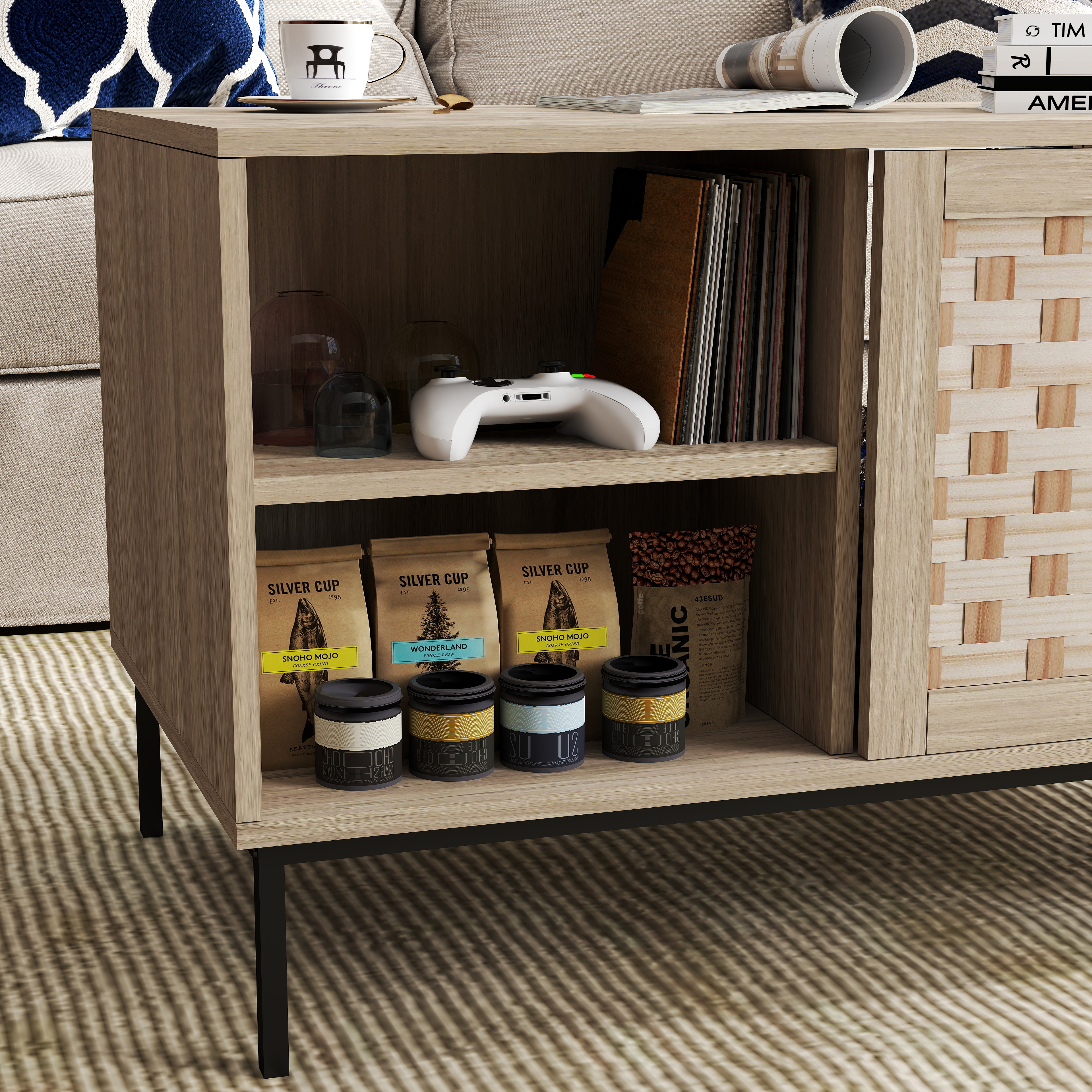 Elegant Veener Weaving Design Coffee Table with 4 Sliding Door, Wooden Center Rectangular Table with Symmetrical Design Storage Cabinet 