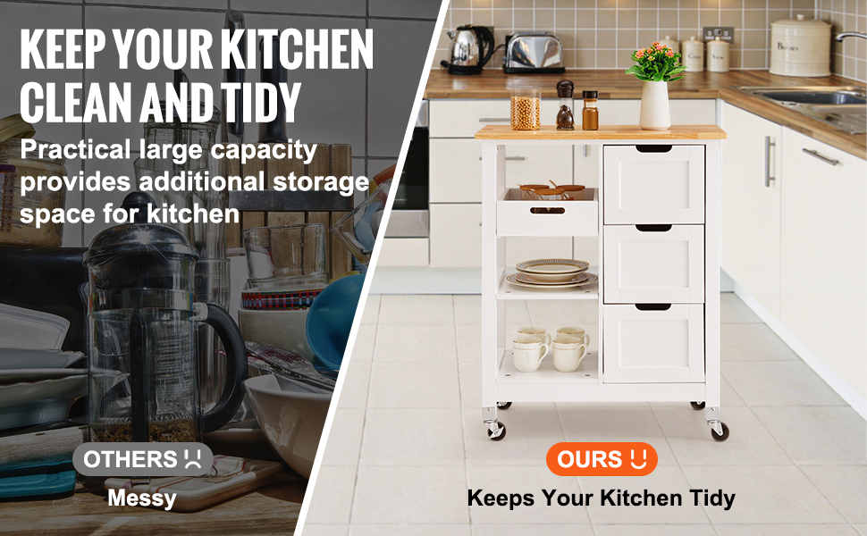 Rolling Portable Small Kitchen Island Cart on Wheels with Solid Wood Top, Dining Room Serving Utility Carts Mobile Movable with 3 Drawers and Storage Shelves Cabinet, White 