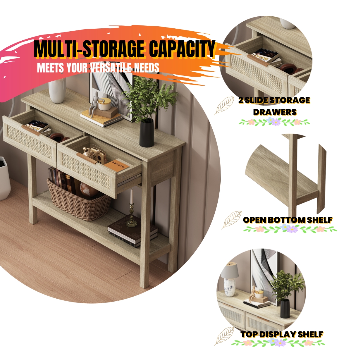 Boho Style Console Table with 2 Rattan Drawer and Bottom Storage Shelf for Entryway, Minimalist Side Table with Rattan Storage Drawer and Shelf for Living room, Hallway 