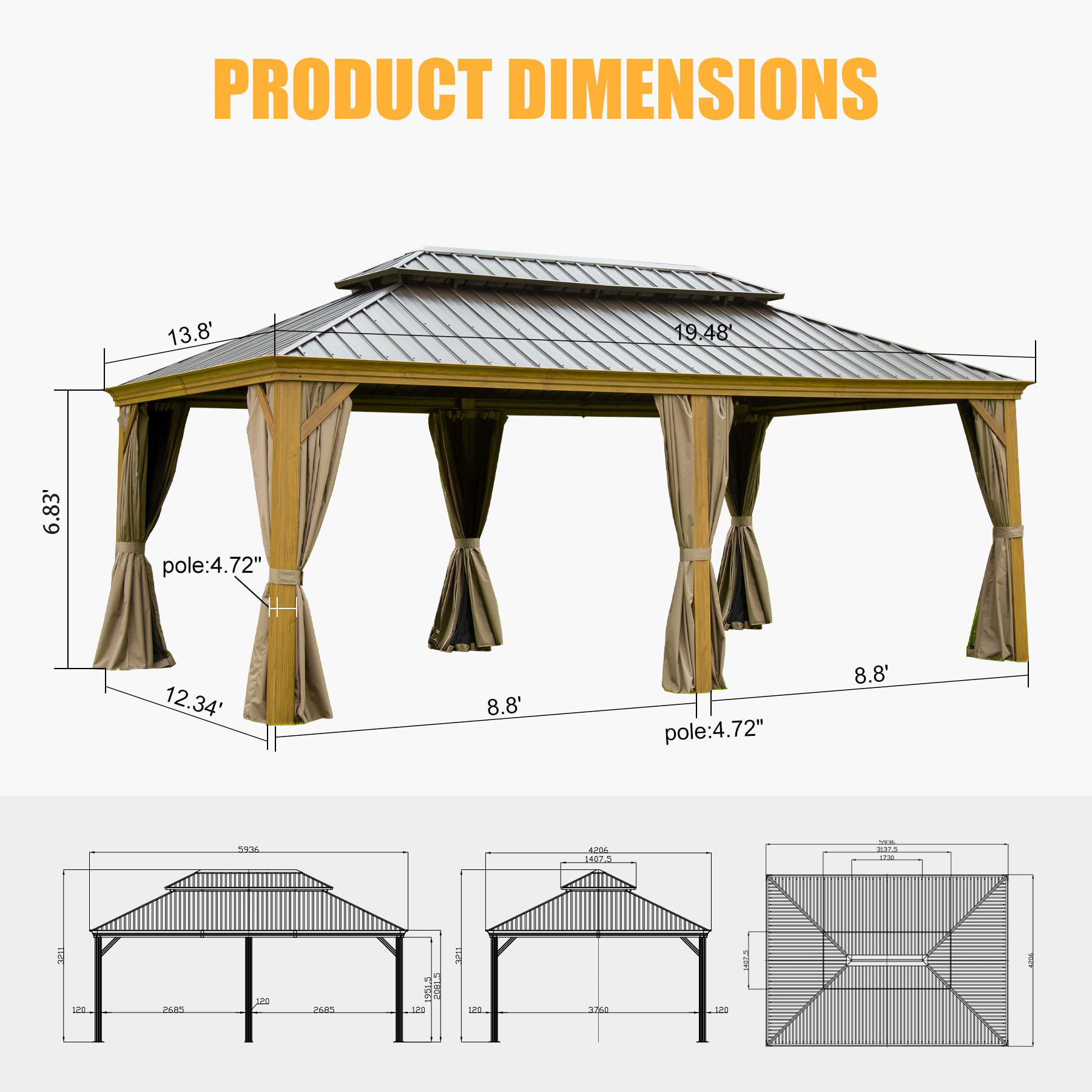 14x20FT Hardtop Gazebo, Permanent Metal Gazebo with Galvanized Steel Double Roof and Aluminum Frame, Curtain and Netting, Large Pavilion Gazebo for Patio Deck Garden