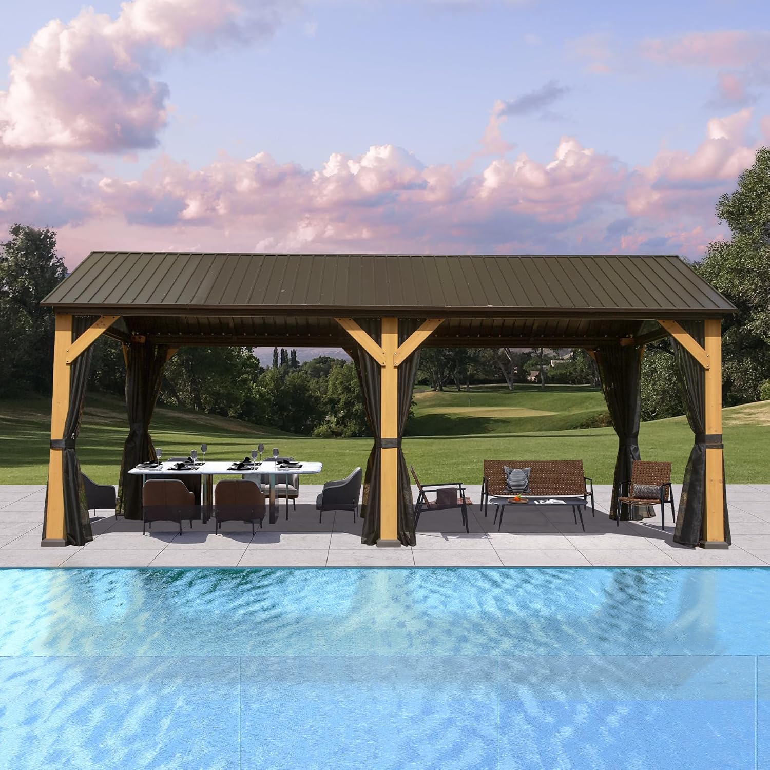 Outdoor Aluminum Hardtop Gazebo Wood Looking Frame Galvanized Steel Gable Tent for Patio Decks Backyard