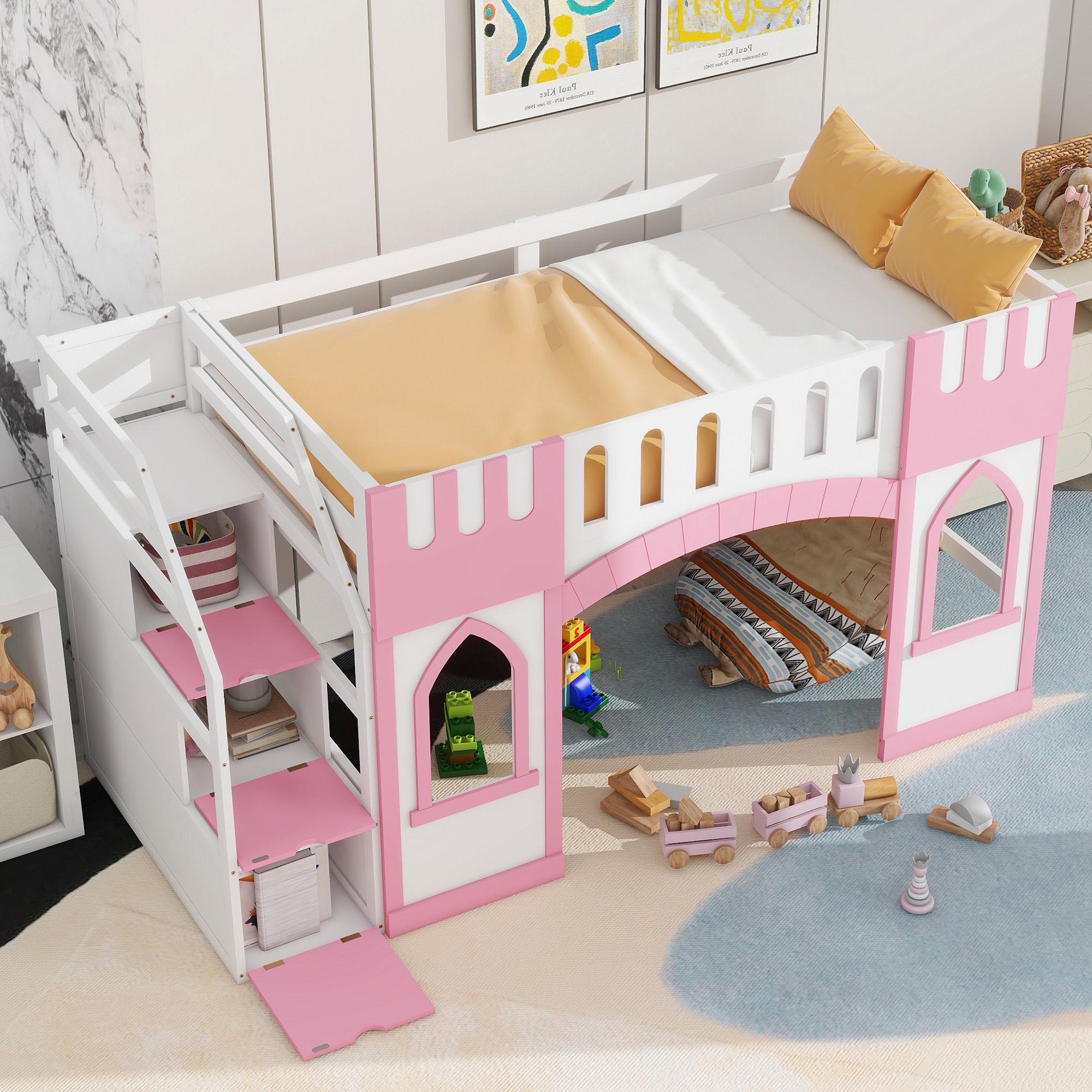 Twin Size Loft Bed with Storage Staircase and Window, White/Pink