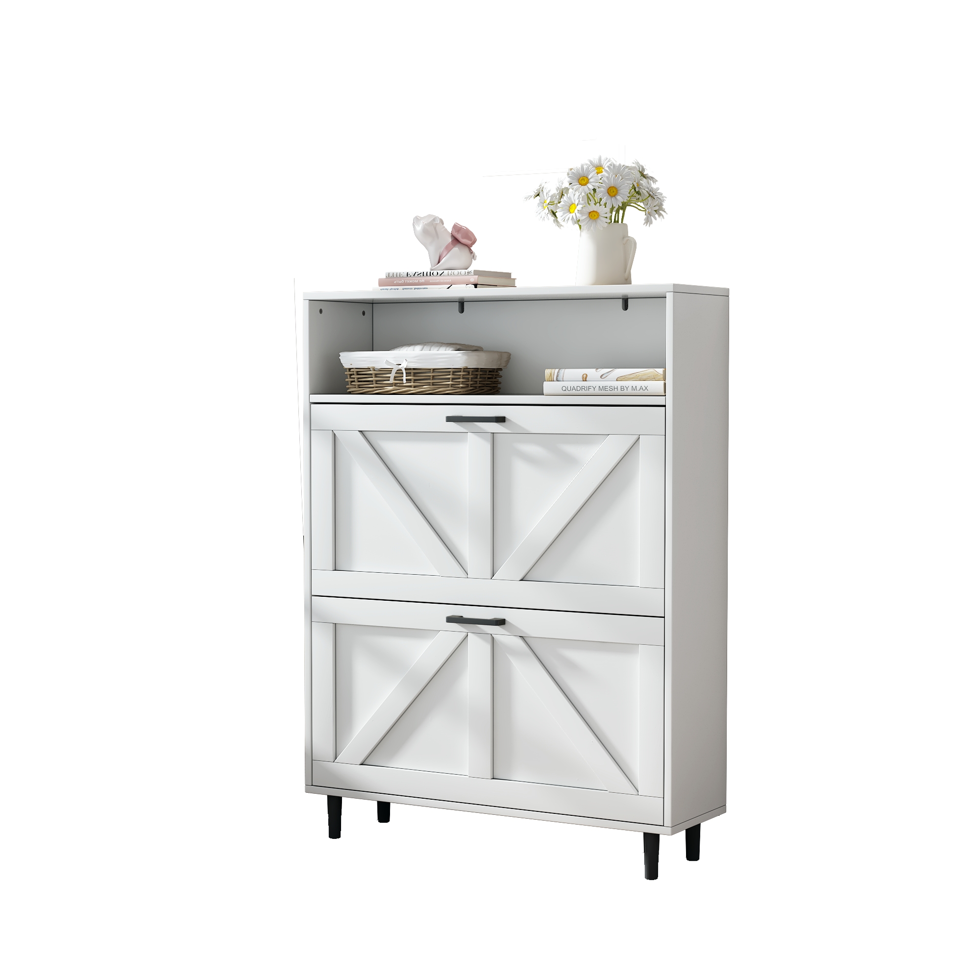 Farmhouse Shoe Storage Cabinet with Barn Door Design, Shoe Organizer with 2 Flip Drawers, Freestanding Narrow Shoe Rack Cabinet with Open Storage for Entryway,Foyer,Hallway,(Antique White/Natural Wood) 