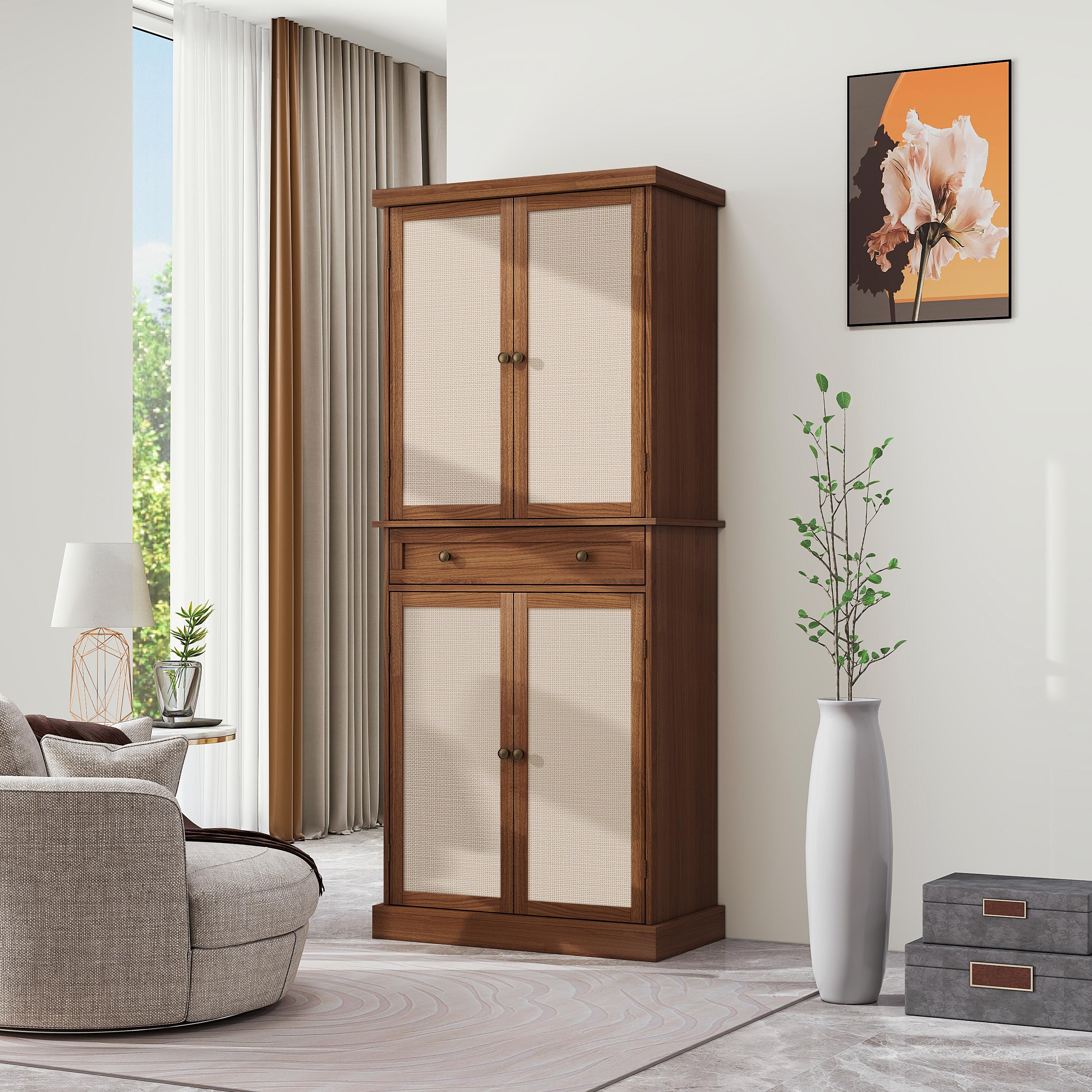 4 Door Cabinet with 1 Drawer, with 4 Adjustable Inner Shelves, Storage Cabinet