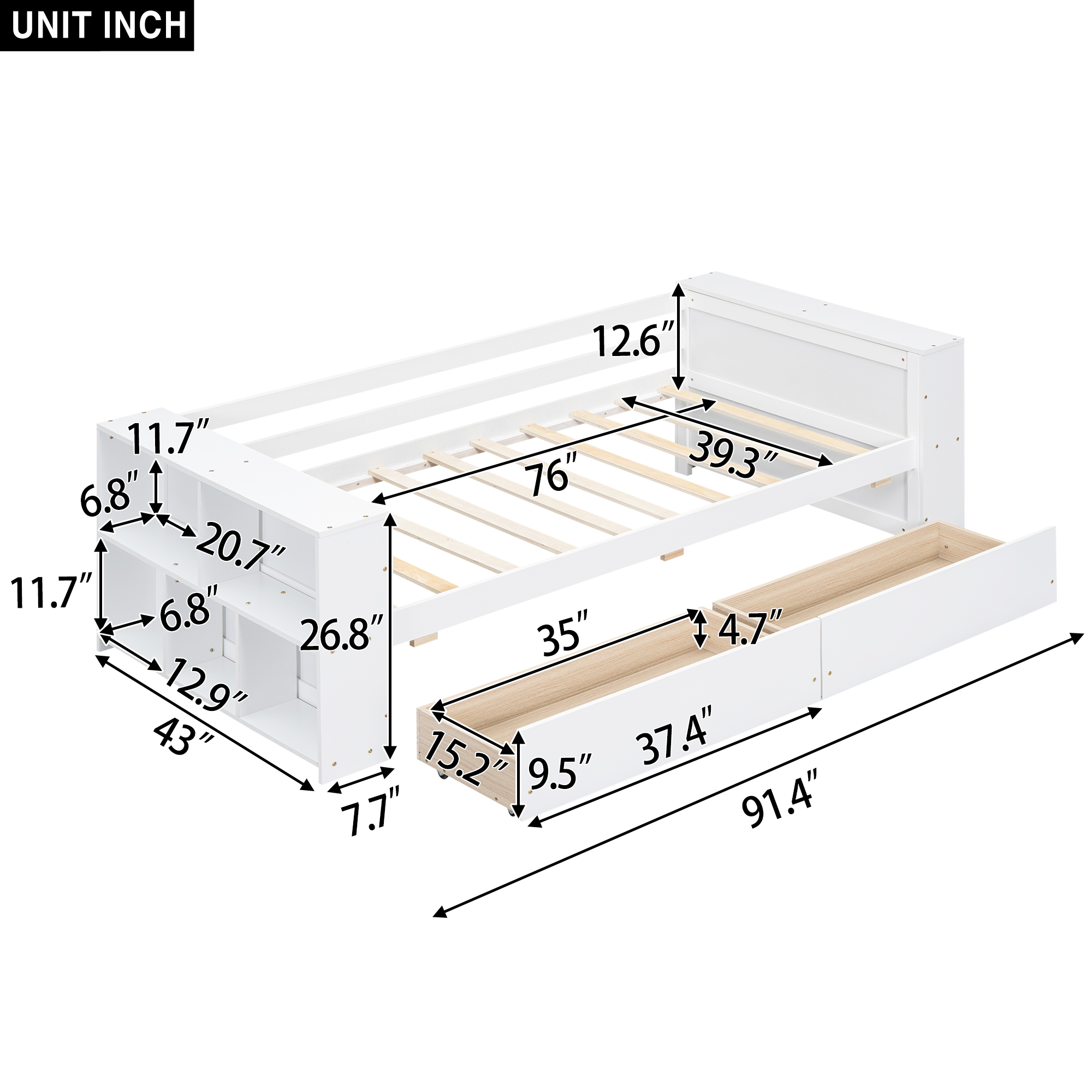 Twin Size Daybed with Shelves and Drawers, Gray/White