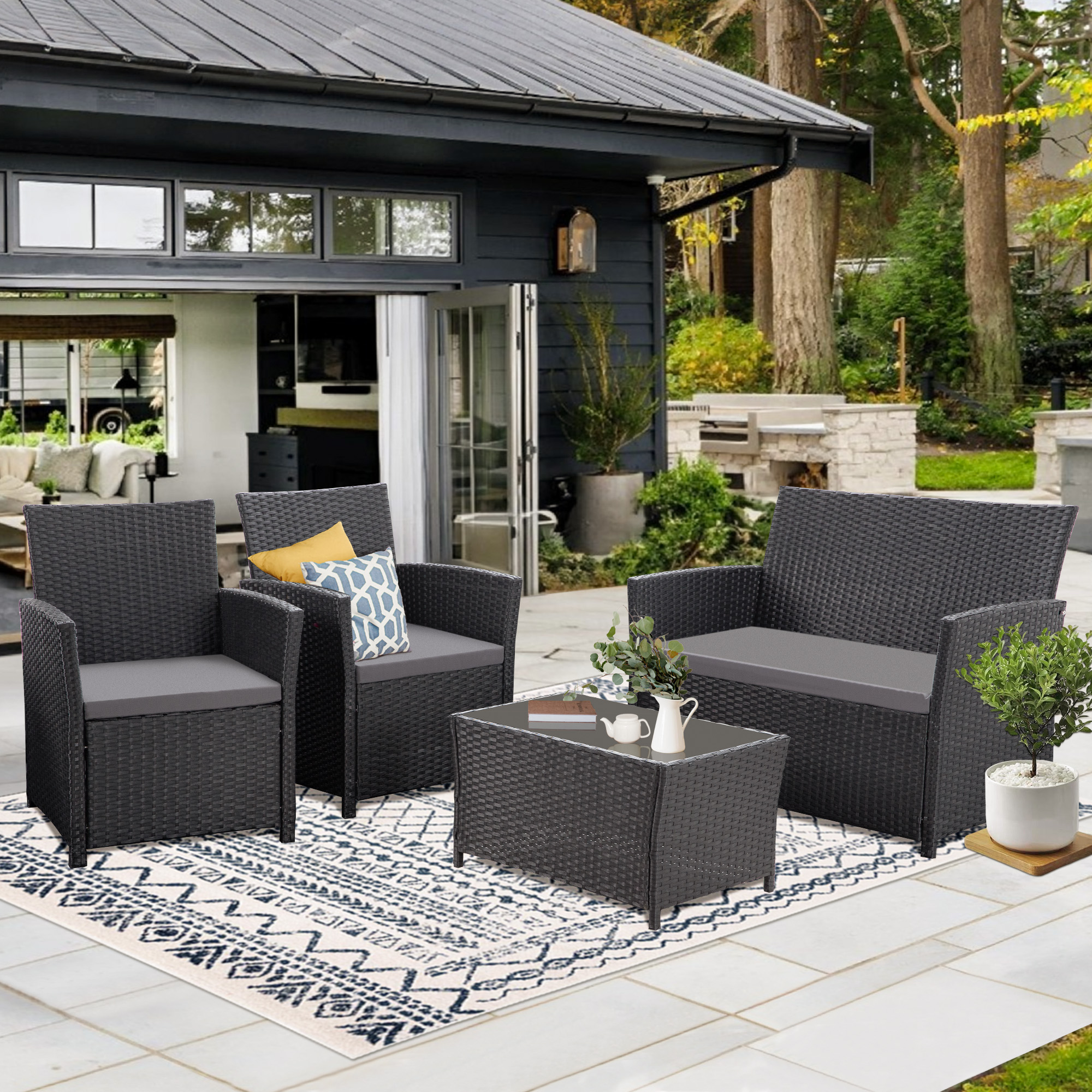 4-Piece PE Rattan Patio Furniture Set – Double Sofa, 2 Armchairs, Coffee Table with Cushions, Weather-Resistant Outdoor Conversation Set, Brown-Blue/Gray/Black-Gray/Black-Blue