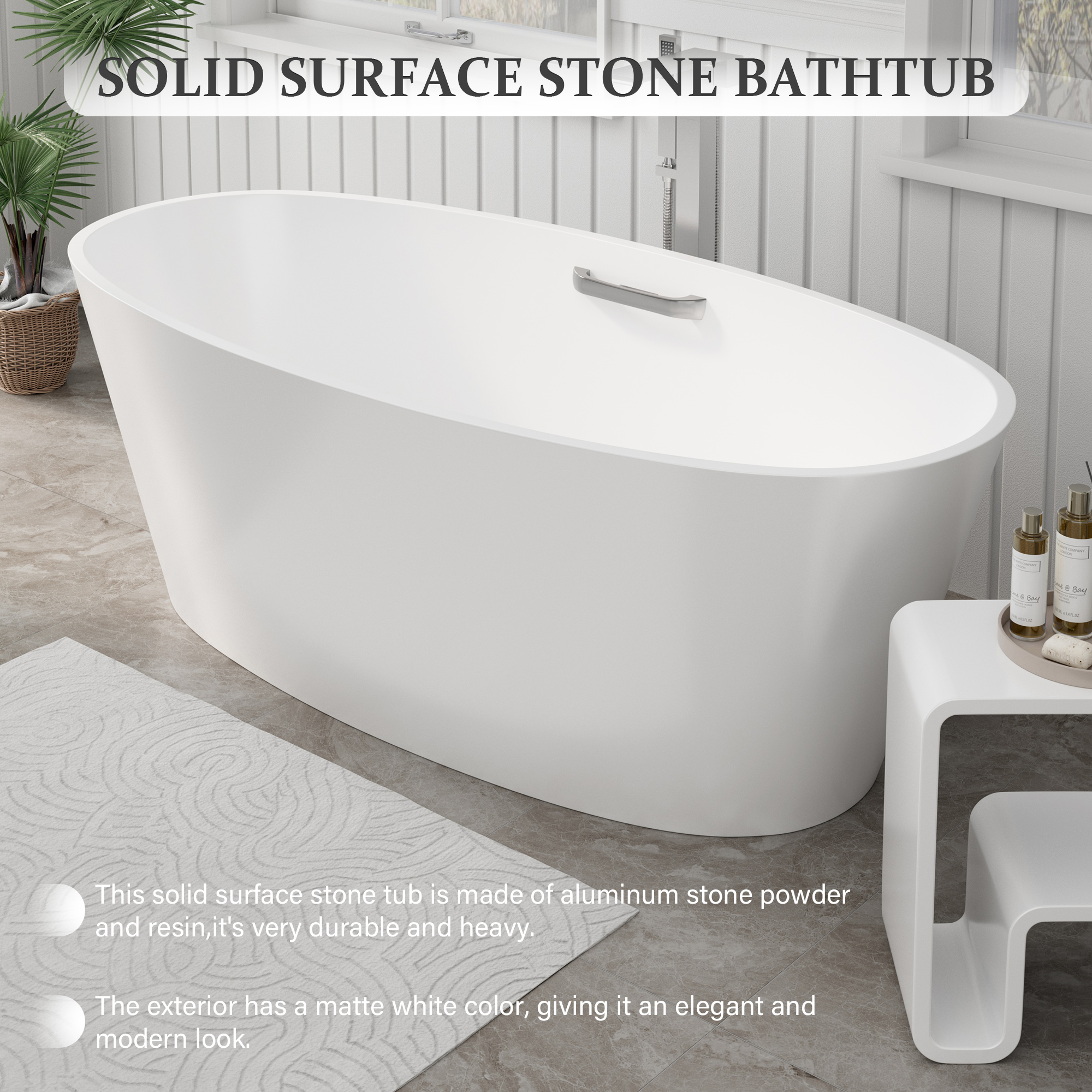 63" Matte White Solid Surface Freestanding Soaking Bathtub with One-Side Armrest