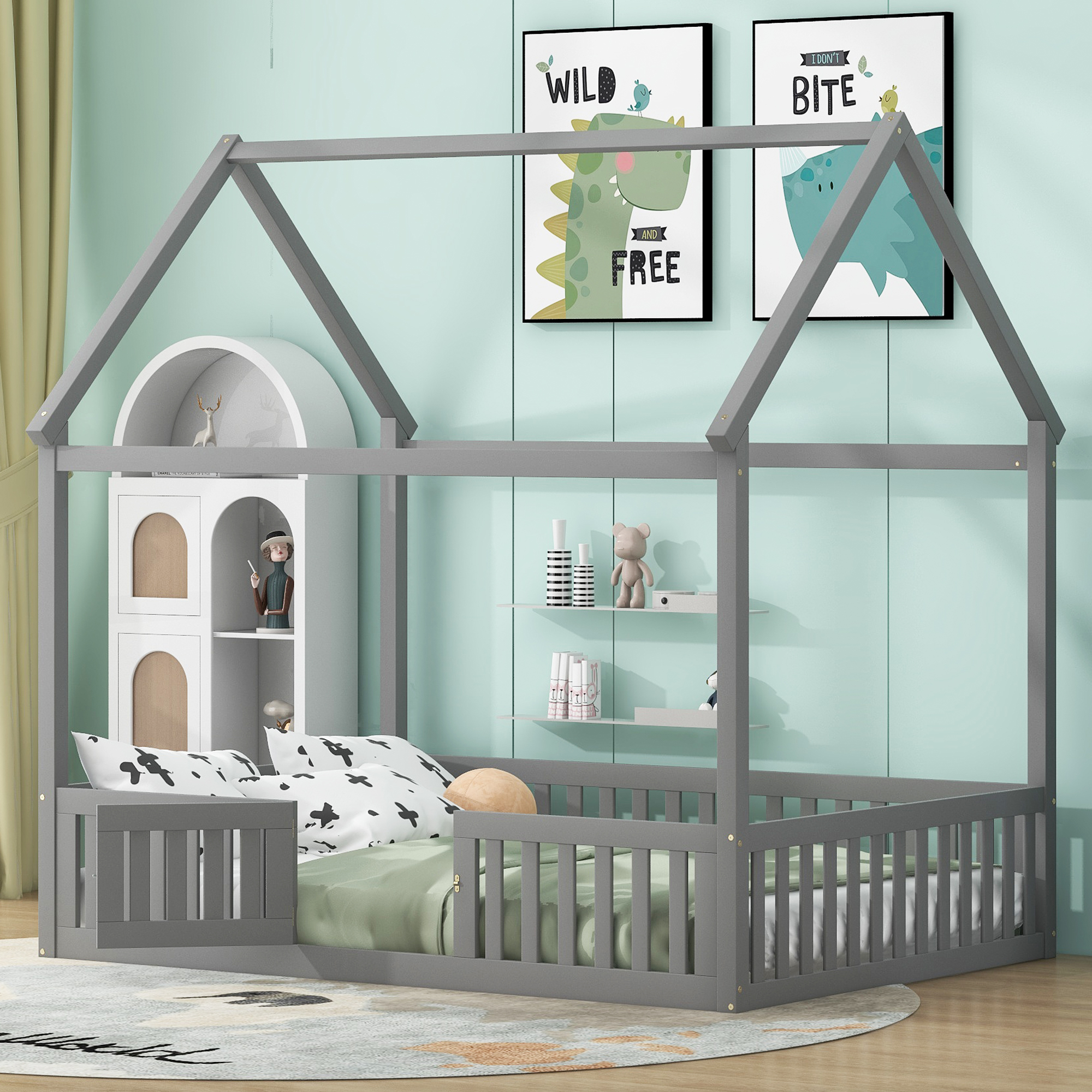 Twin/Full Size Wood House Bed with Fence and Door, Gray/White