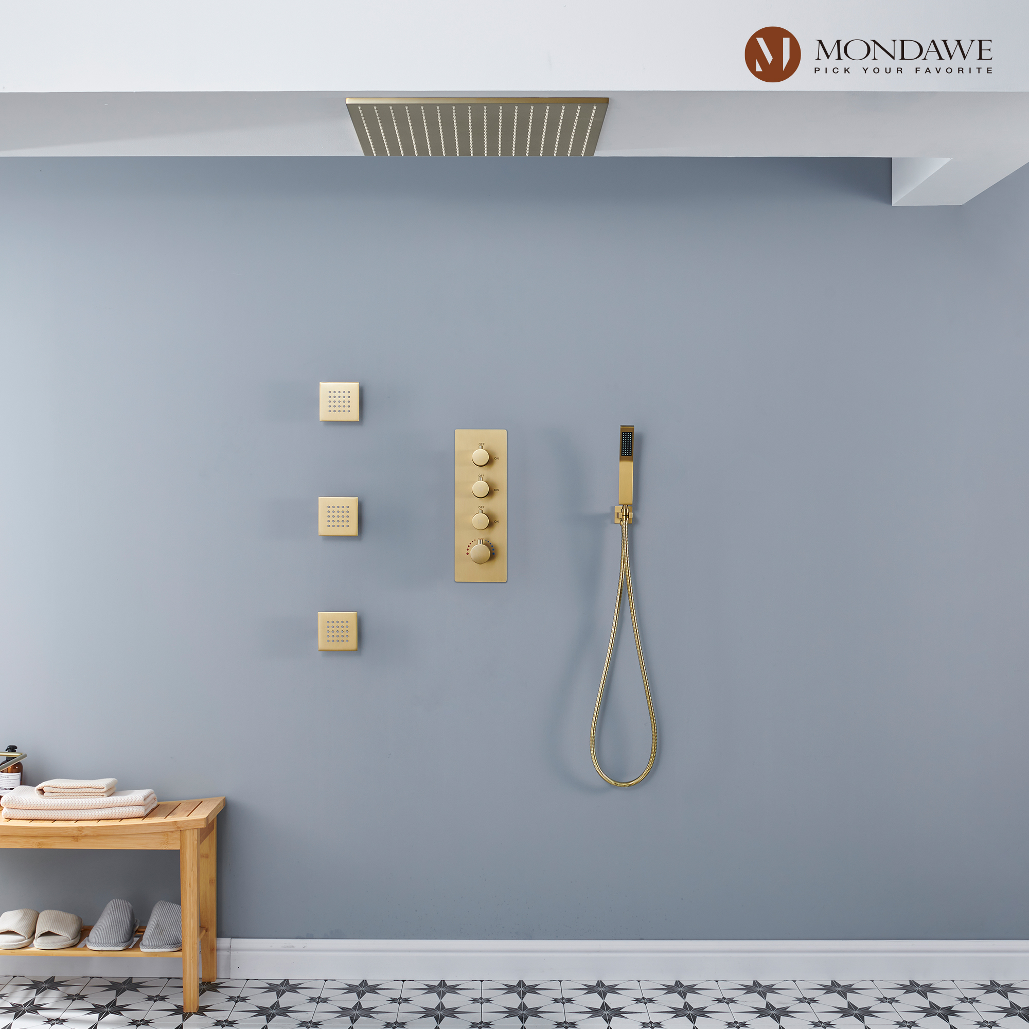 20 Inch Ceiling Mounted Rain Shower Head System Luxury 3-Spray Patterns Thermostatic Shower Faucets Sets Complete with 3-Function Shower Head and Solid Brass Handshower-Mondawe